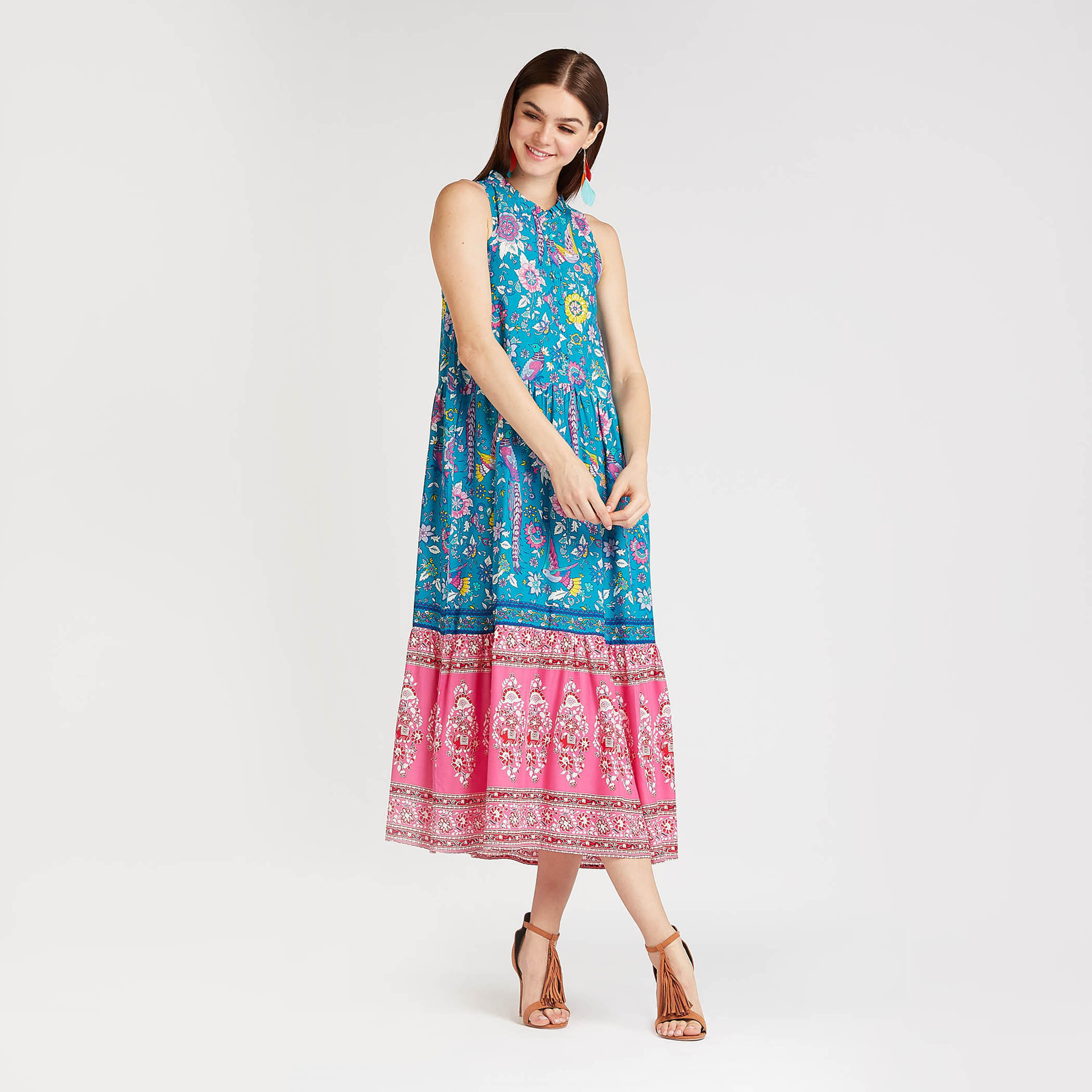 فستان ميدي إيه لاين دون أكمام بطبعات أزهار وتفاصيل كشكشة-women-clothing-dresses-image-1