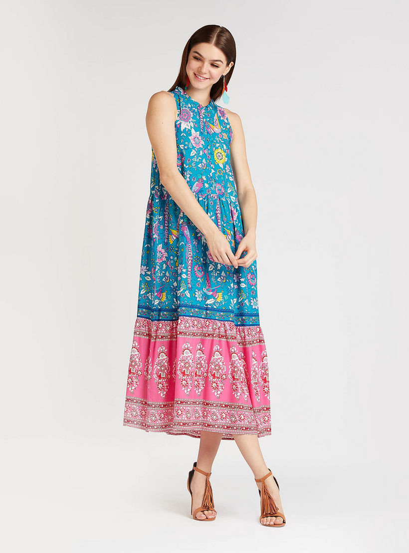 فستان ميدي إيه لاين دون أكمام بطبعات أزهار وتفاصيل كشكشة-women-clothing-dresses-image-1