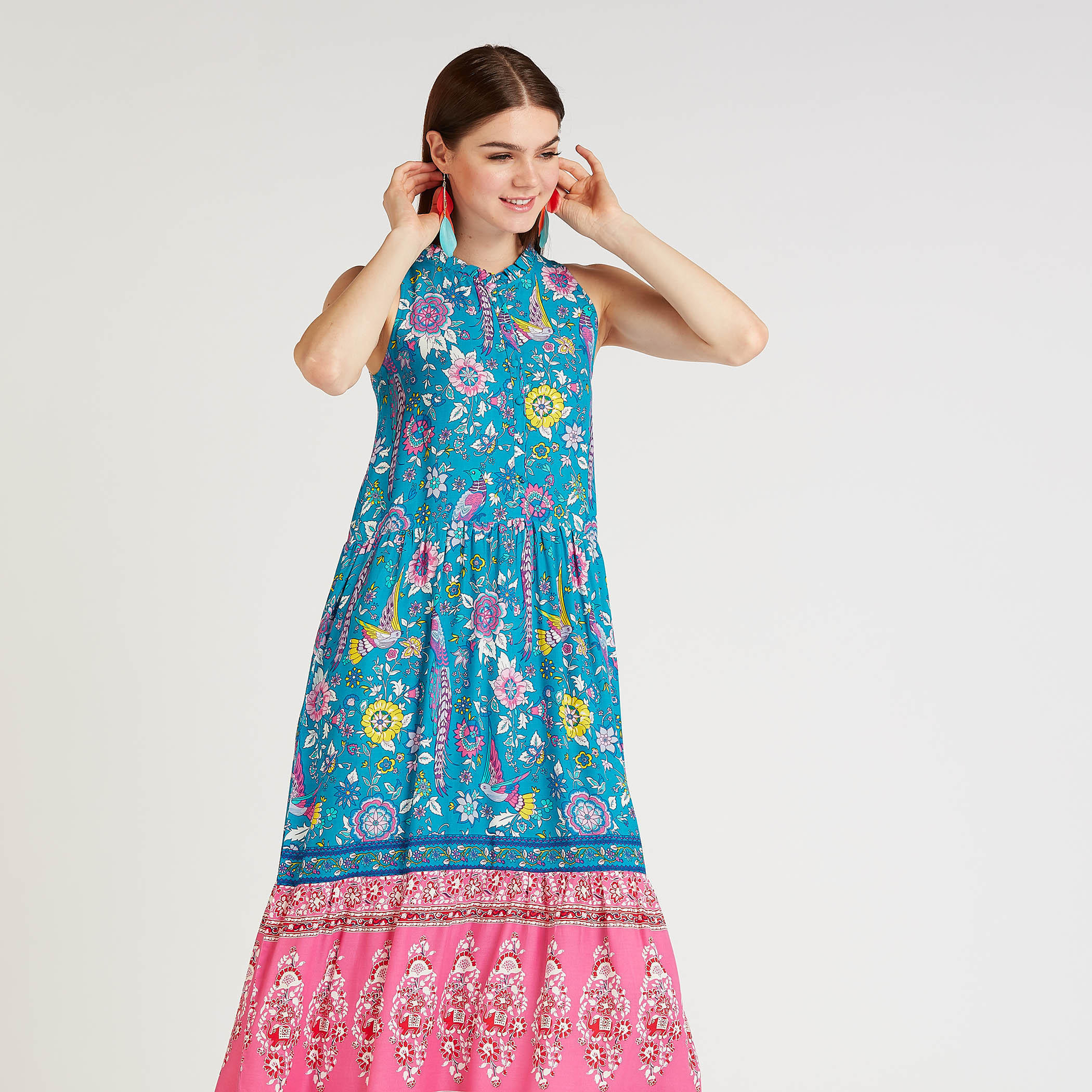 فستان ميدي إيه لاين دون أكمام بطبعات أزهار وتفاصيل كشكشة-women-clothing-dresses-image-2