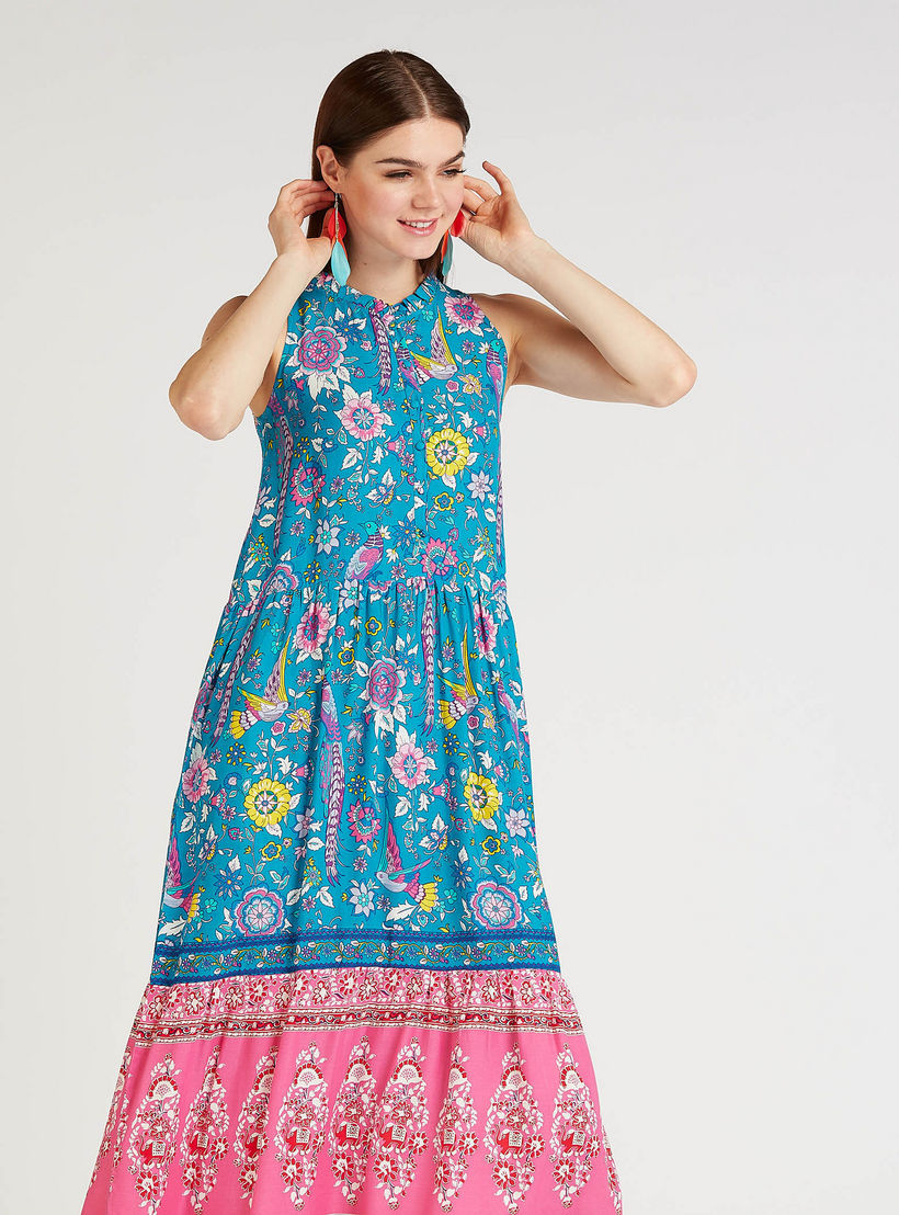 فستان ميدي إيه لاين دون أكمام بطبعات أزهار وتفاصيل كشكشة-women-clothing-dresses-image-2