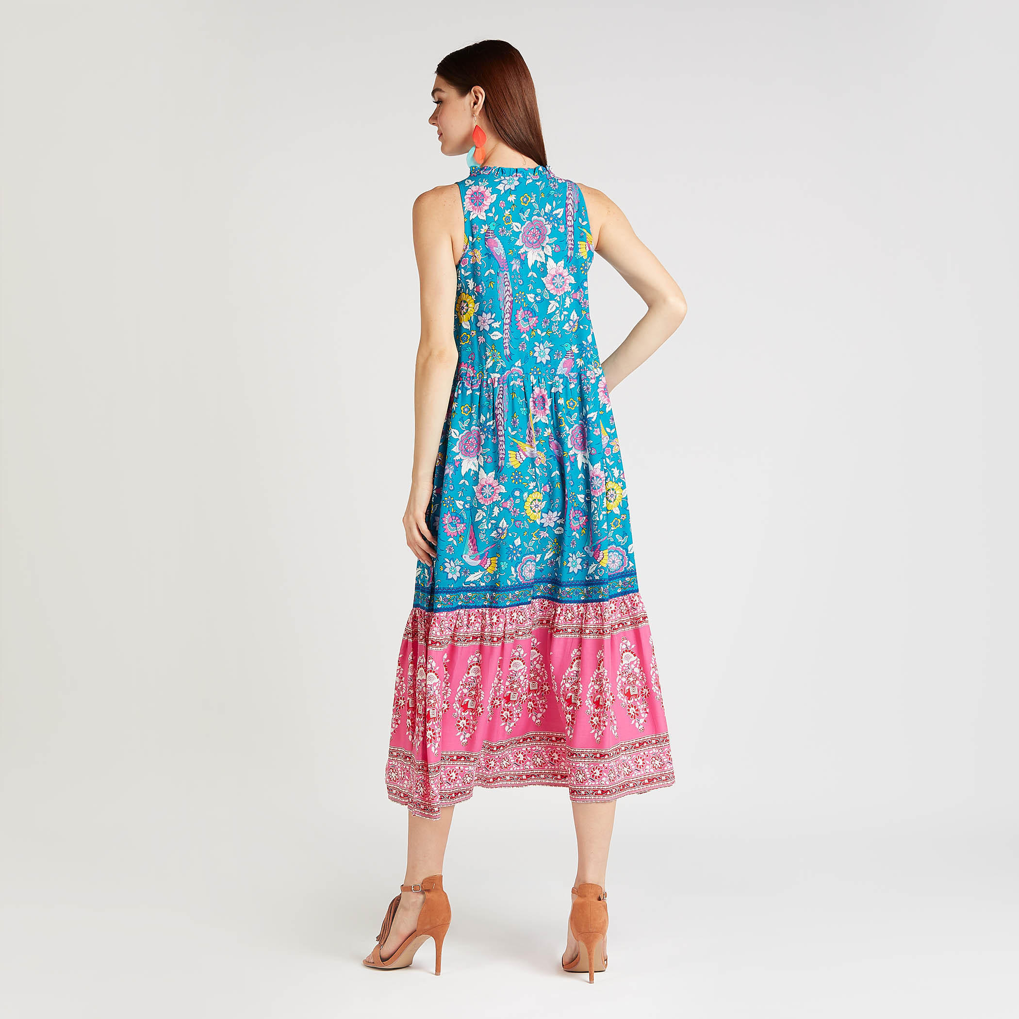 فستان ميدي إيه لاين دون أكمام بطبعات أزهار وتفاصيل كشكشة-women-clothing-dresses-image-3