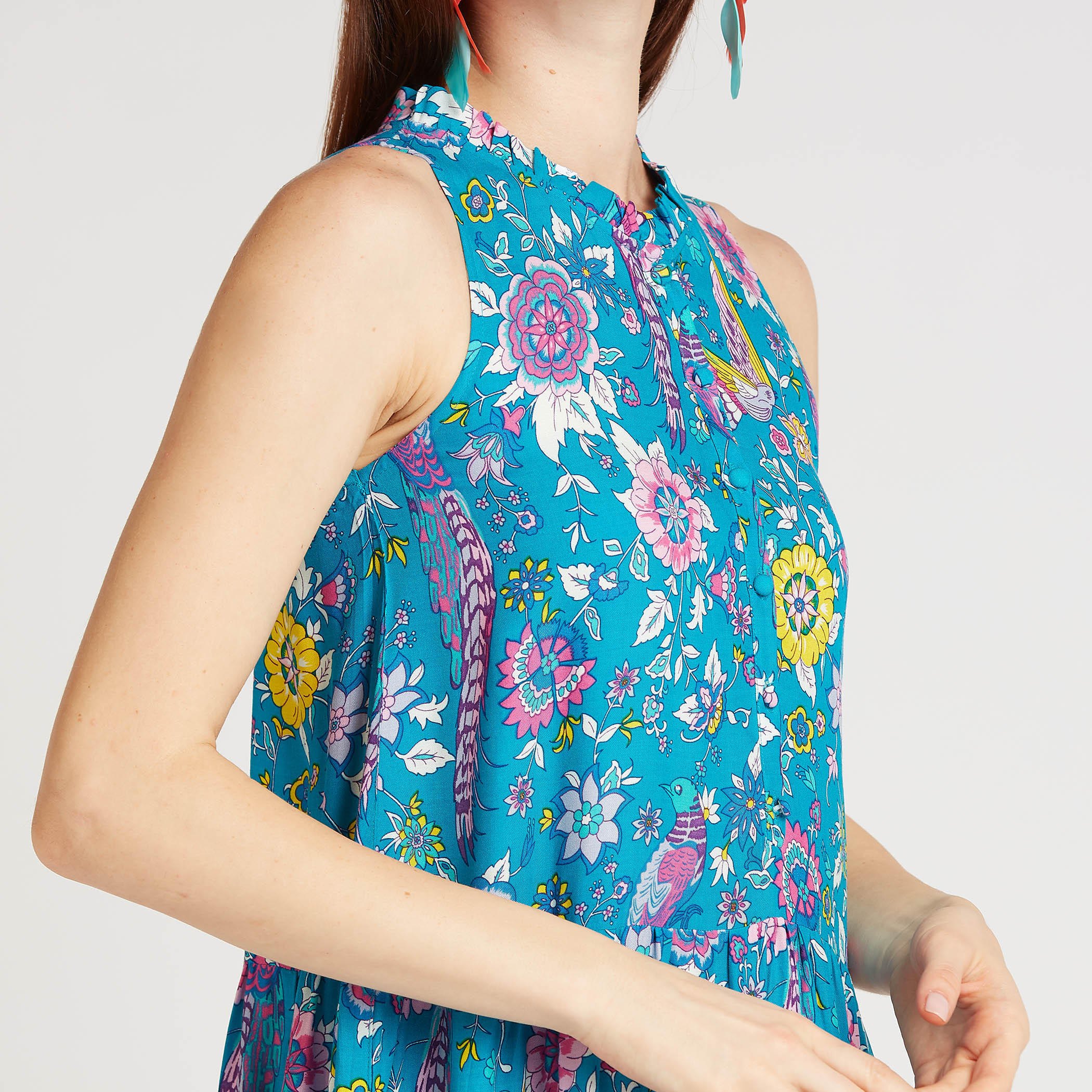 فستان ميدي إيه لاين دون أكمام بطبعات أزهار وتفاصيل كشكشة-women-clothing-dresses-image-5