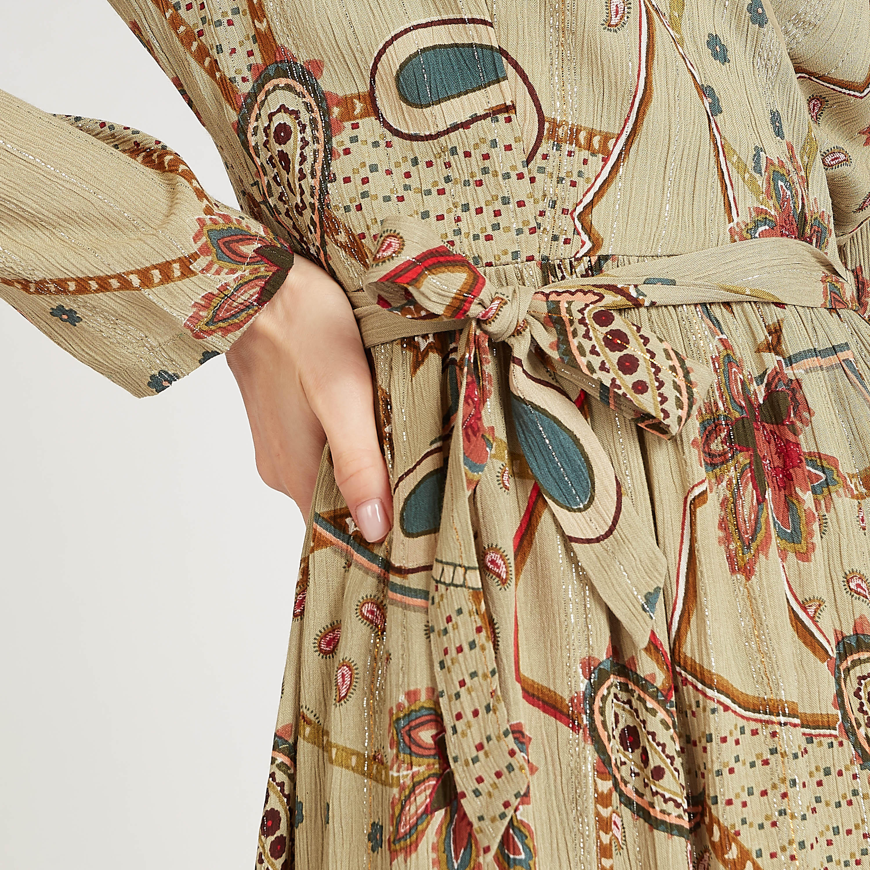 فستان مستدام ميدي ايه لاين بأكمام طويلة وأربطة وطبعات-women-clothing-dresses-image-3