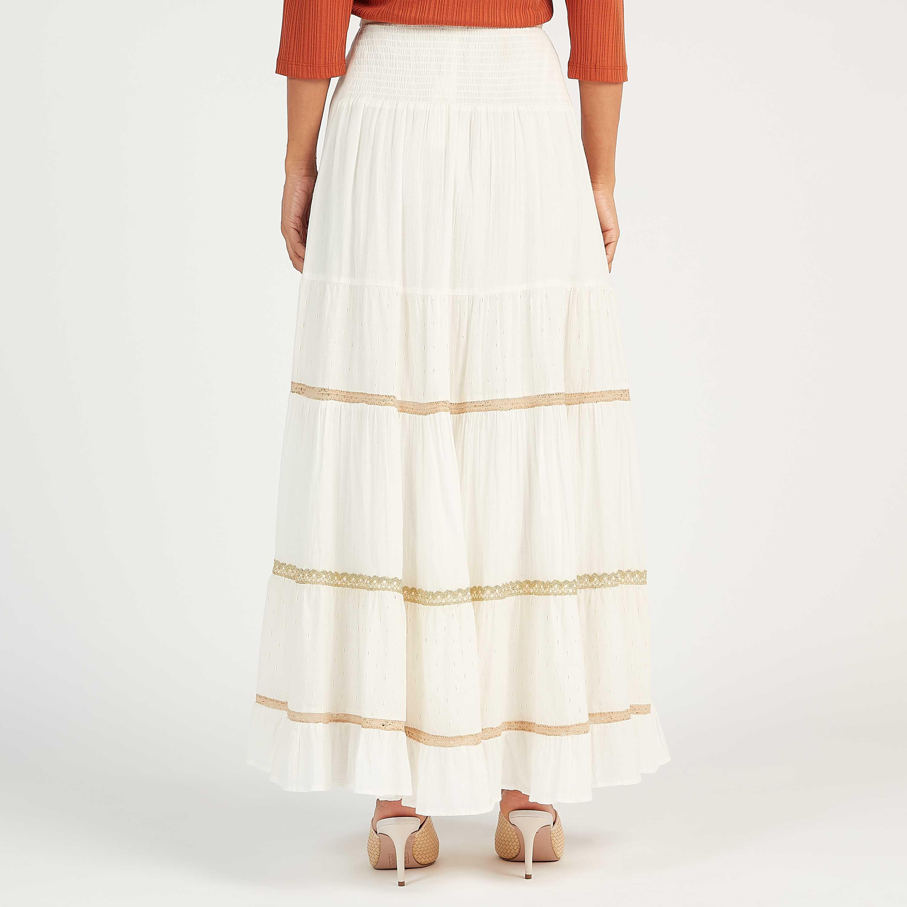 تنّورة مستدامة إيه لاين طويلة بتفاصيل دانتيل ورباط إغلاق-women-clothing-bottoms-skirts-image-4