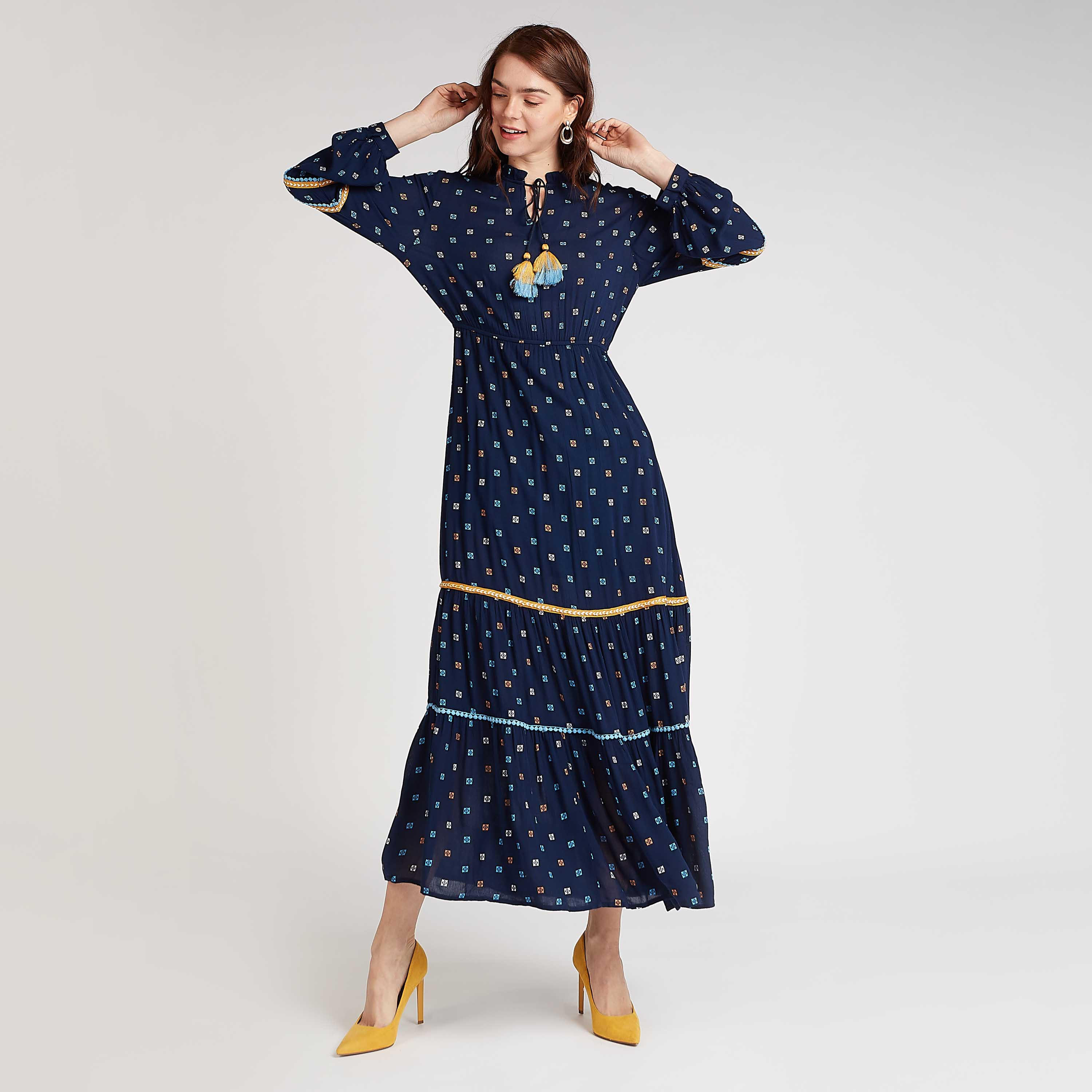 فستان مستدام طويل ايه لاين بأكمام بيشوب وأربطة وطبعات-women-clothing-dresses-image-1