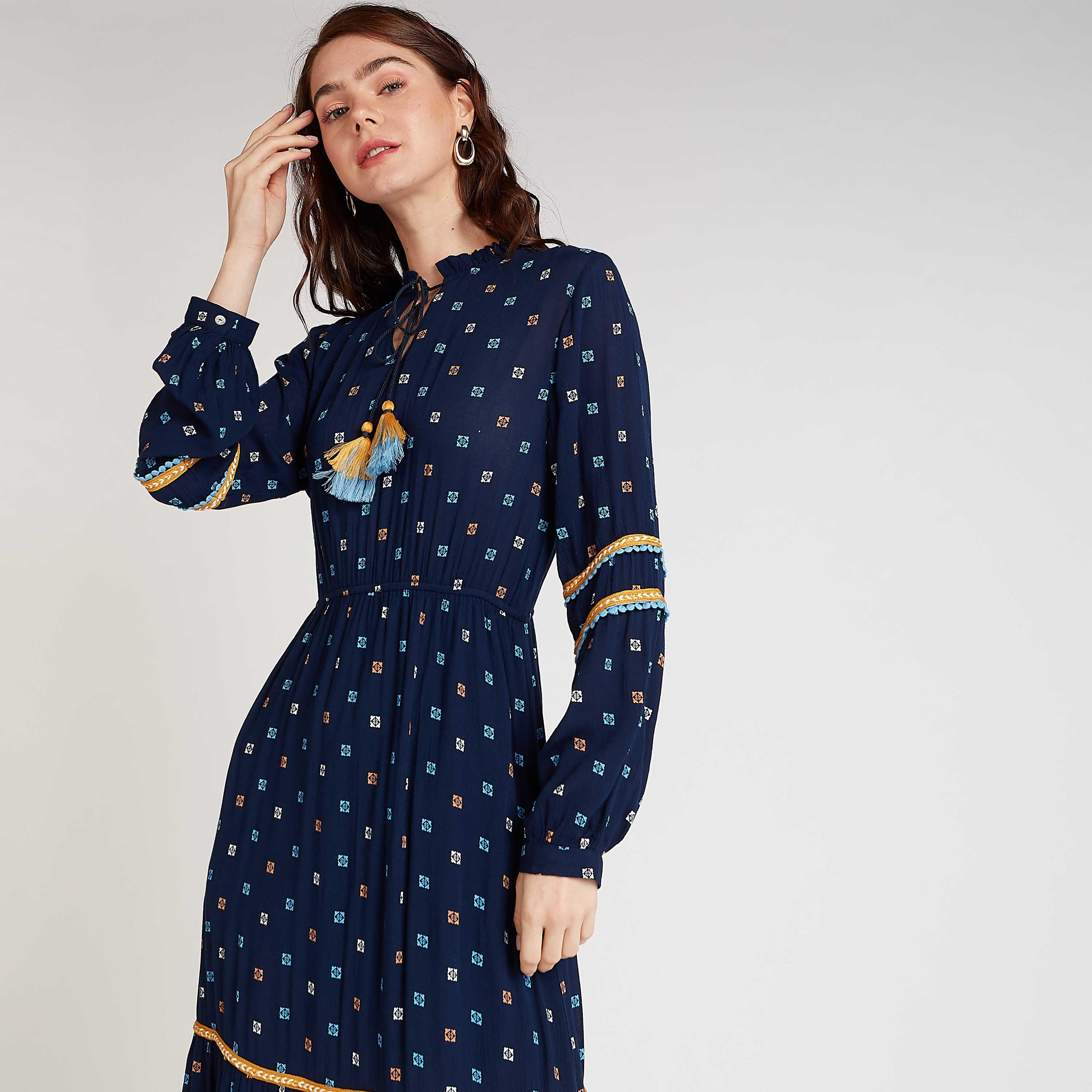 فستان مستدام طويل ايه لاين بأكمام بيشوب وأربطة وطبعات-women-clothing-dresses-image-2