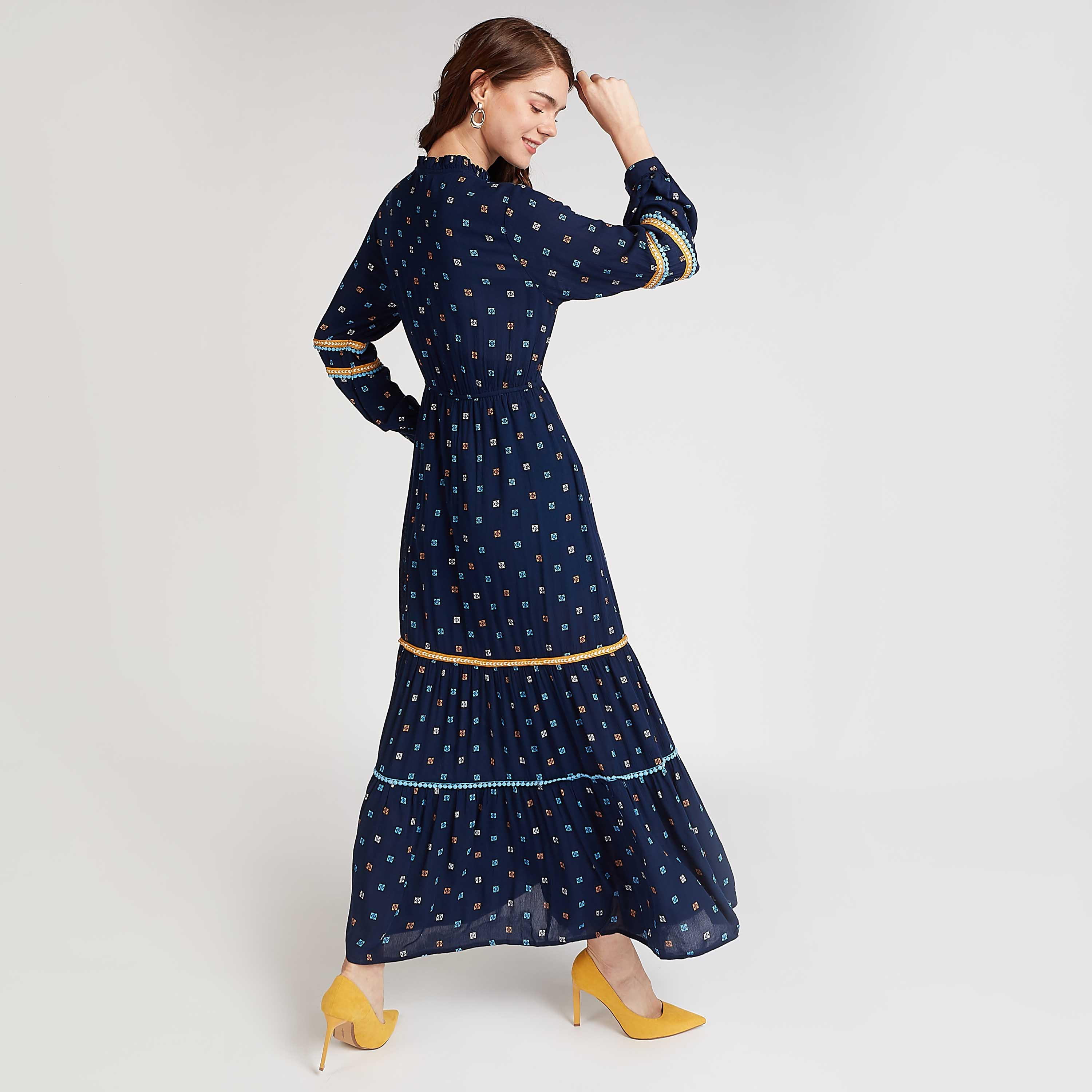 فستان مستدام طويل ايه لاين بأكمام بيشوب وأربطة وطبعات-women-clothing-dresses-image-4
