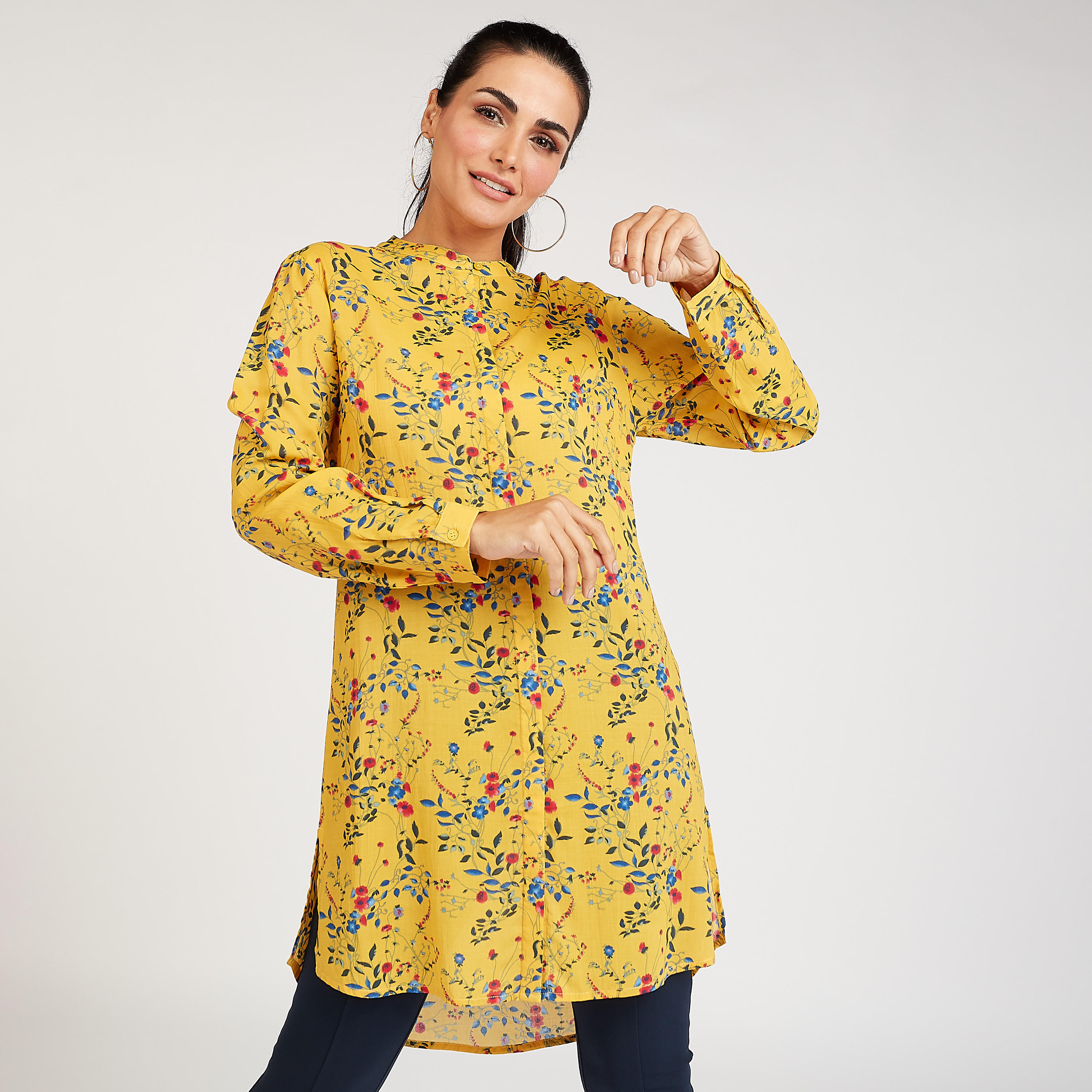 تونيك بياقة ماندارين وأكمام طويلة وطبعات أزهار-women-clothing-shirtsandblouses-blouses-image-1