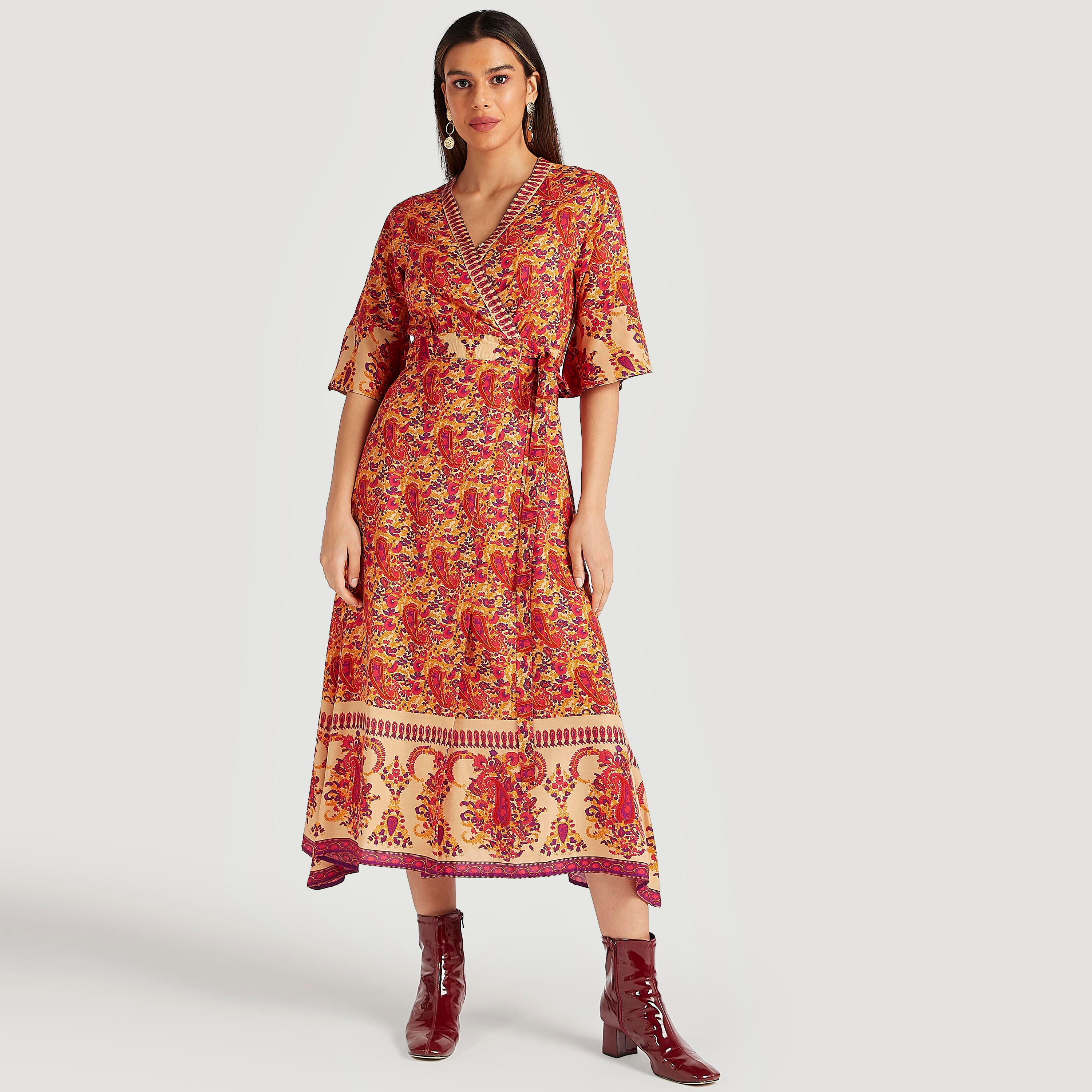 فستان ميدي إيه لاين بأربطة وطبعات بيزلي-women-clothing-dresses-image-1