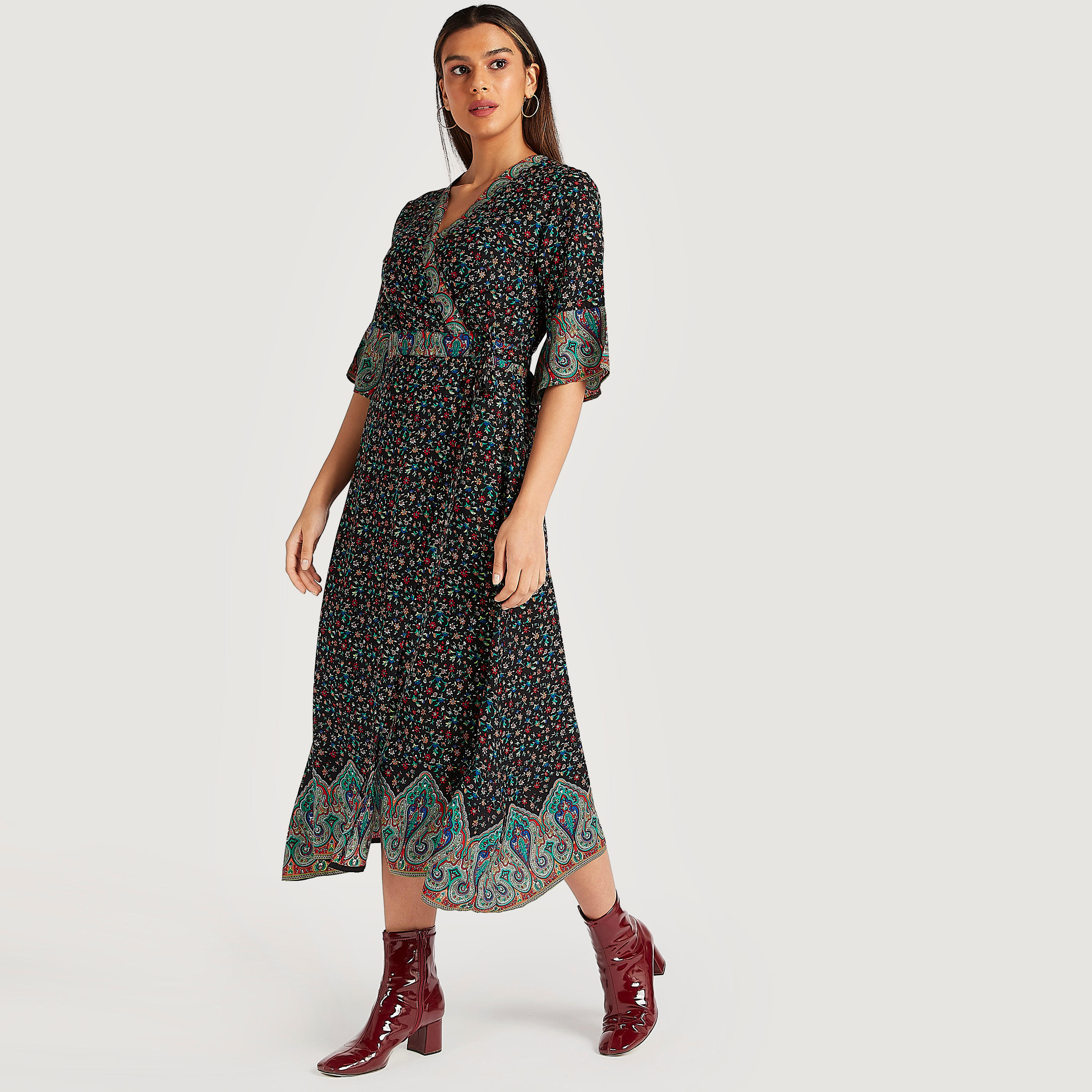 فستان ميدي إيه لاين بطبعات أزهار وأكمام قصيرة-women-clothing-dresses-image-1