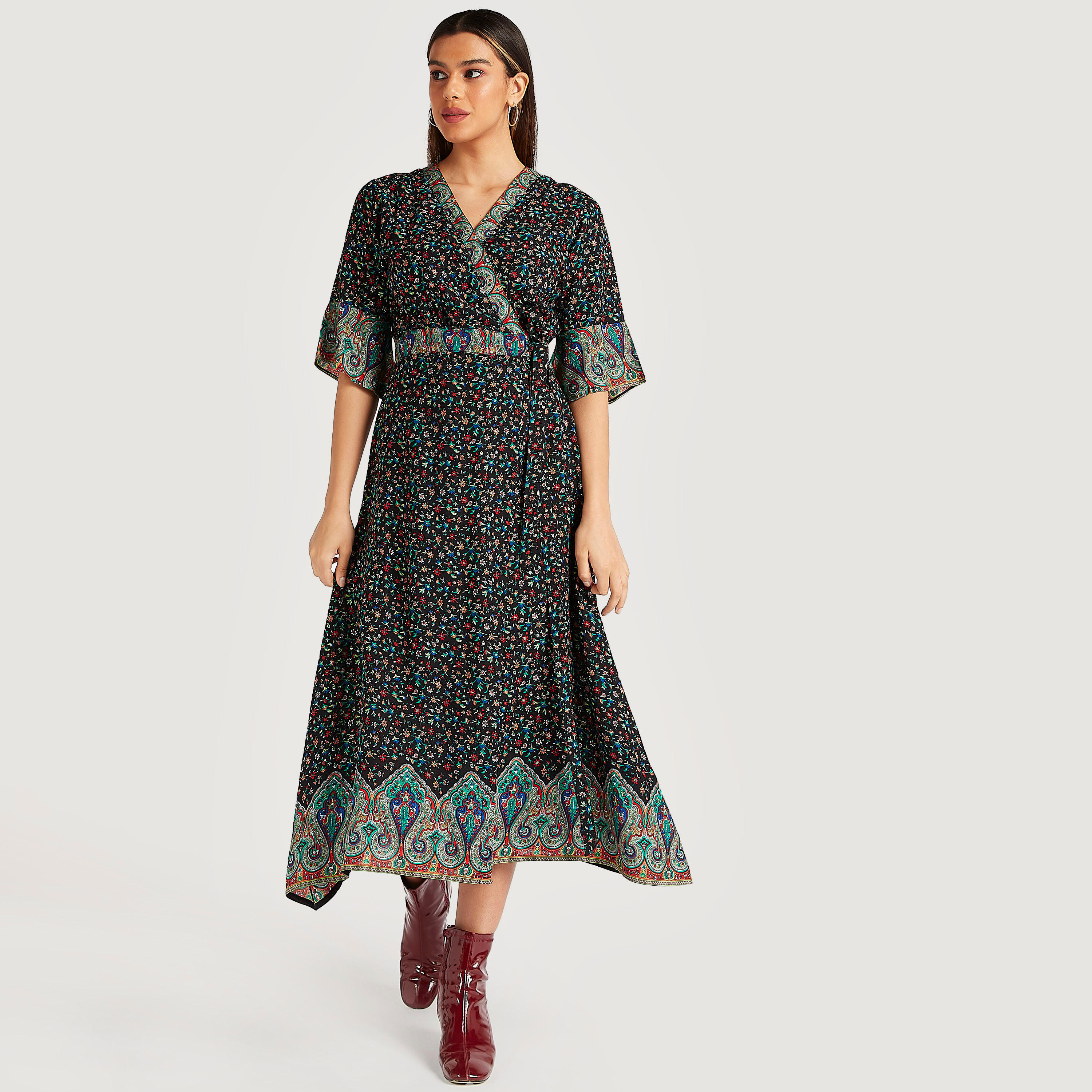 فستان ميدي إيه لاين بطبعات أزهار وأكمام قصيرة-women-clothing-dresses-image-2