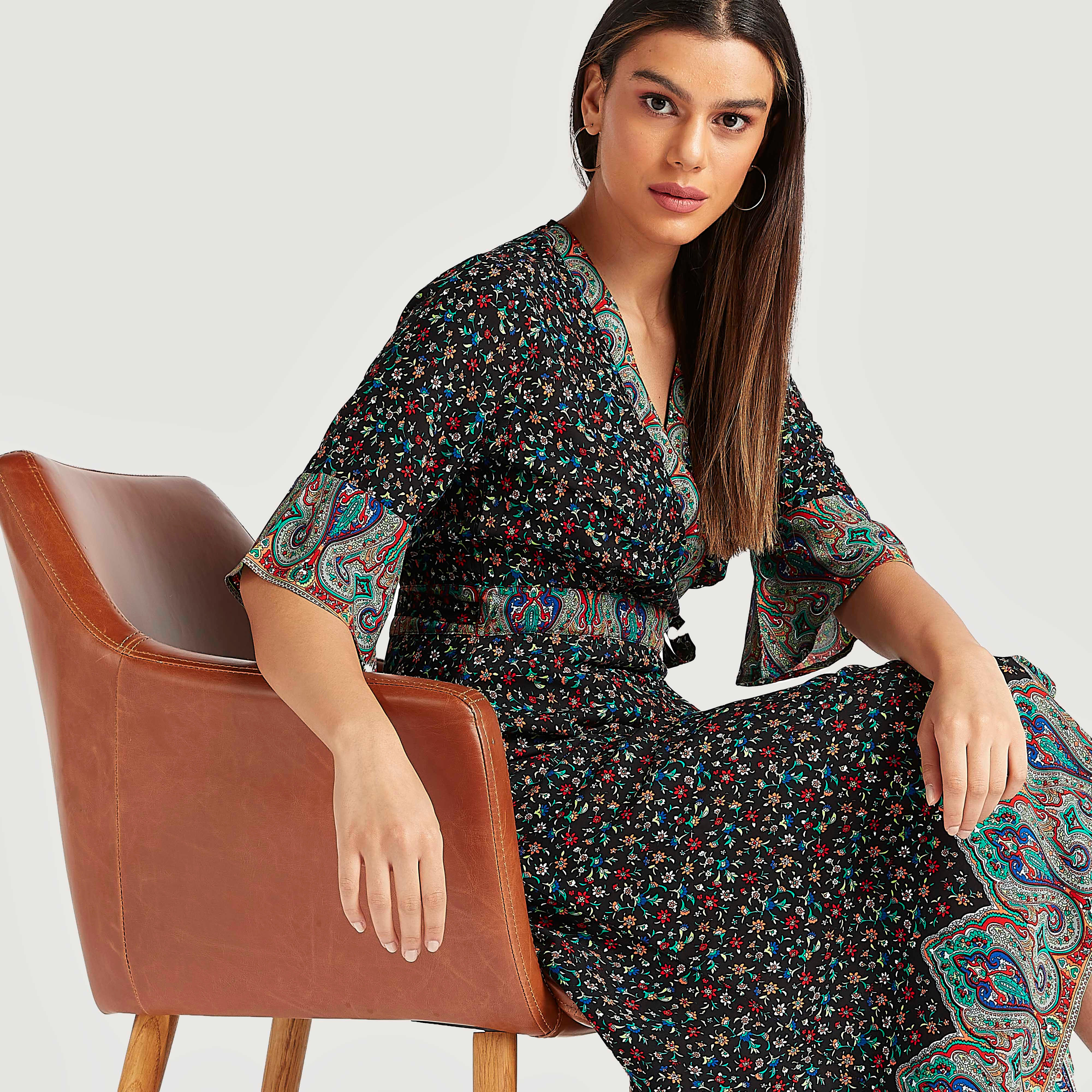 فستان ميدي إيه لاين بطبعات أزهار وأكمام قصيرة-women-clothing-dresses-image-5