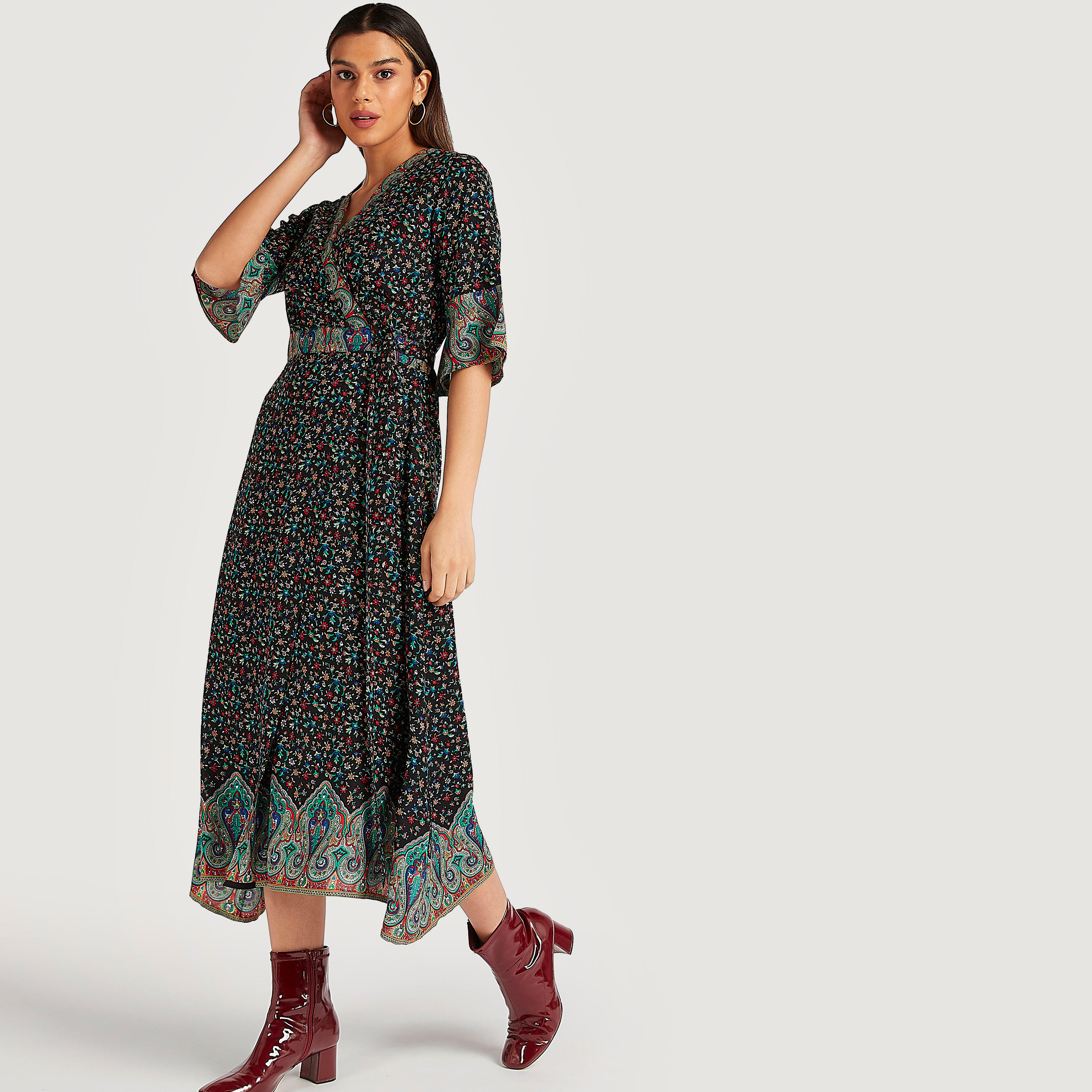 فستان ميدي إيه لاين بطبعات أزهار وأكمام قصيرة-women-clothing-dresses-image-6