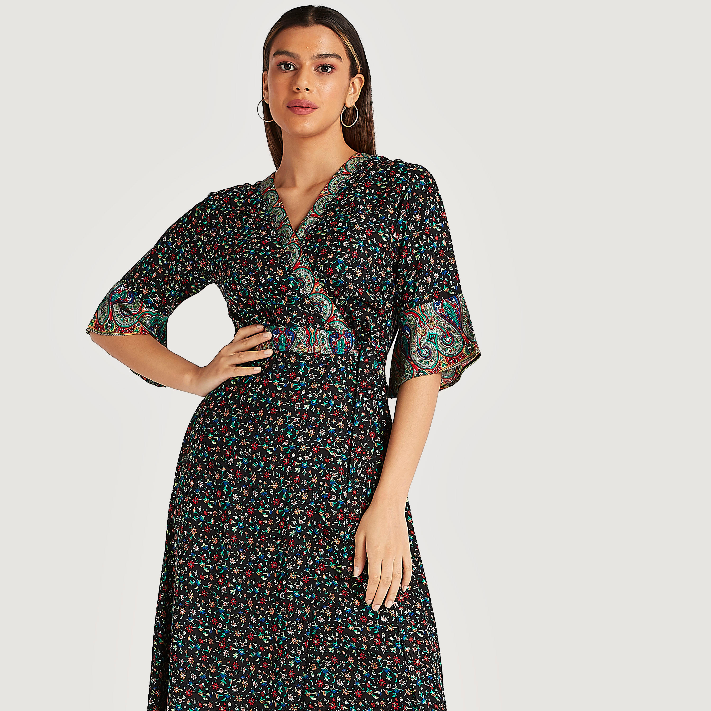 فستان ميدي إيه لاين بطبعات أزهار وأكمام قصيرة-women-clothing-dresses-image-7
