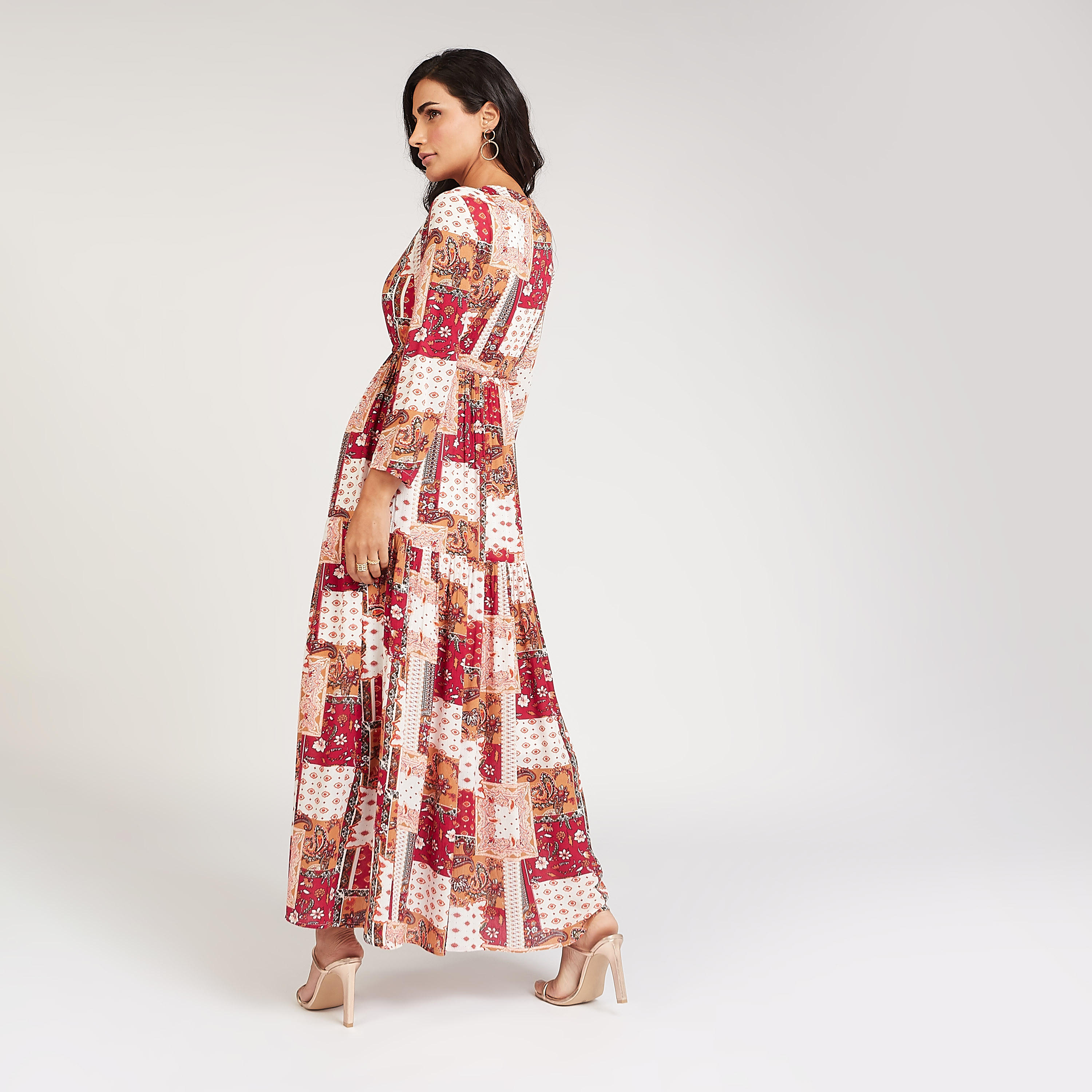 فستان إيه لاين طويل بياقة V وأكمام طويلة و طبعات أزهار-women-clothing-dresses-image-3