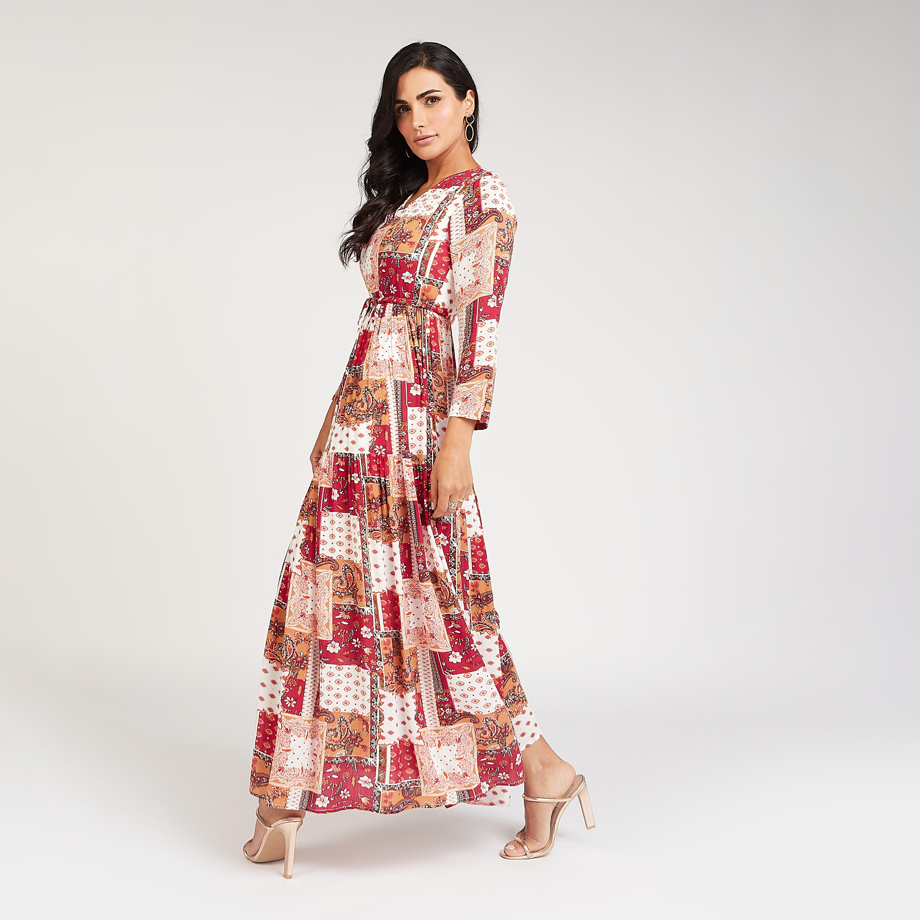 فستان إيه لاين طويل بياقة V وأكمام طويلة و طبعات أزهار-women-clothing-dresses-image-4