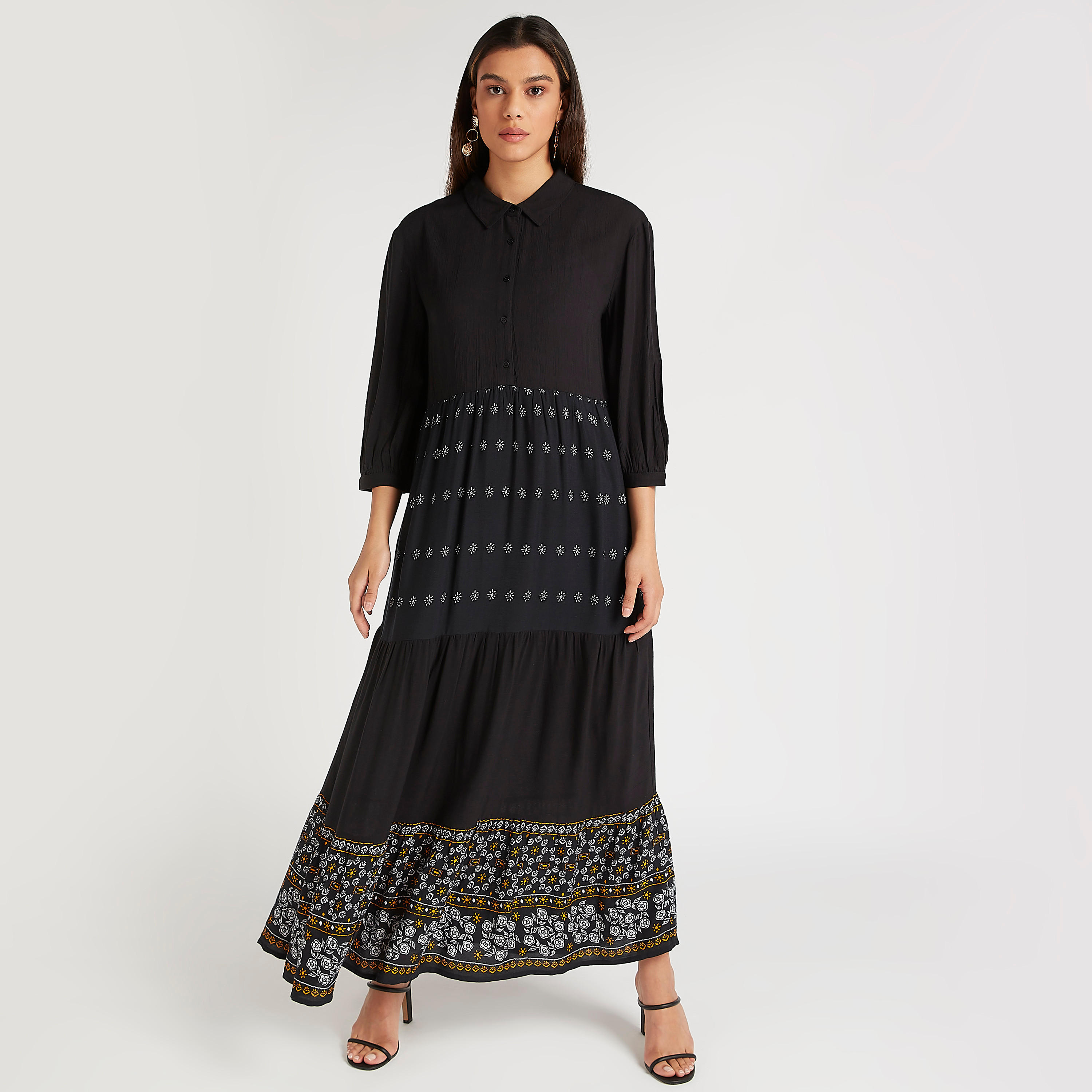 فستان إيه لاين بطبعات أزهار وأكمام 3/4 وياقة عادية-women-clothing-dresses-image-1