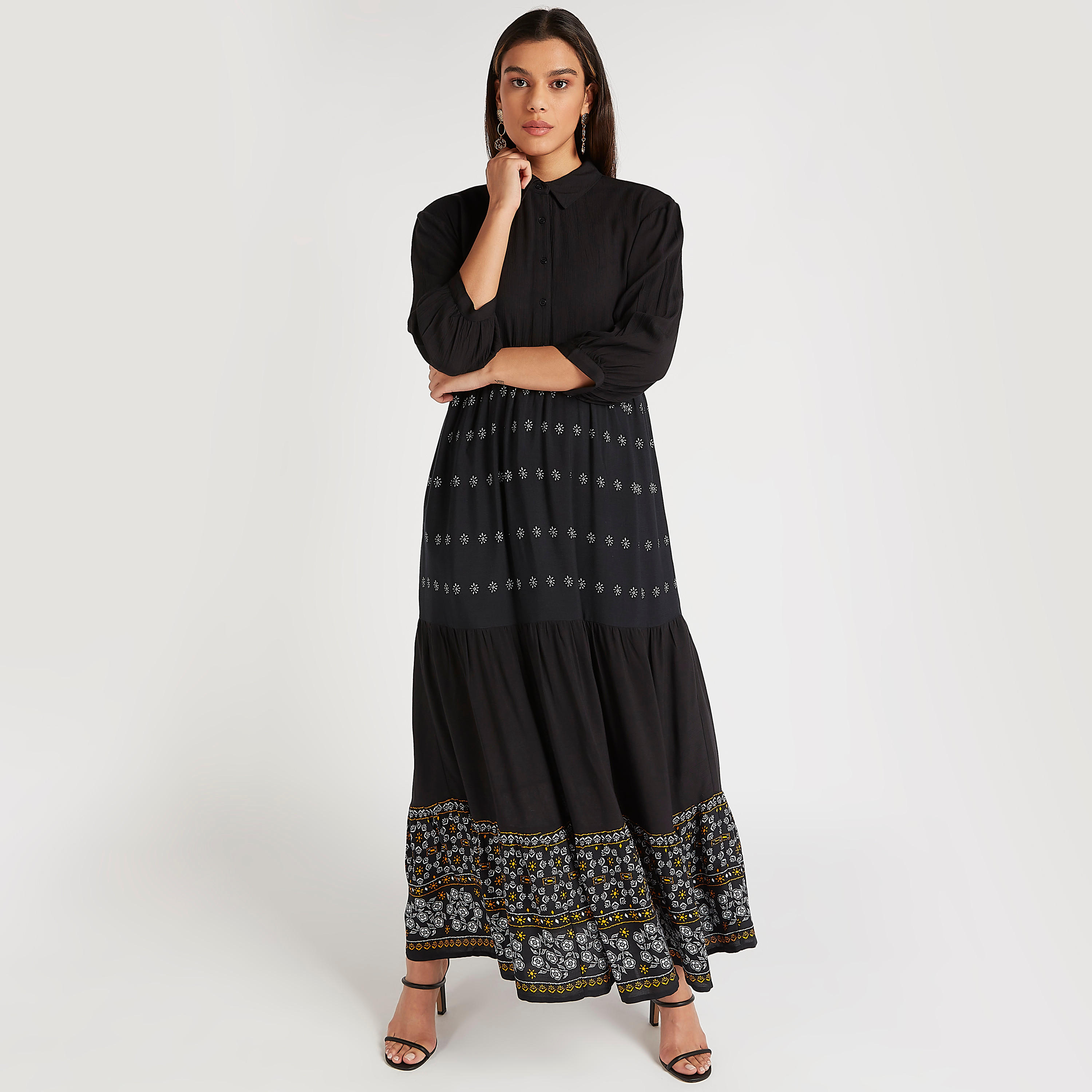 فستان إيه لاين بطبعات أزهار وأكمام 3/4 وياقة عادية-women-clothing-dresses-image-2