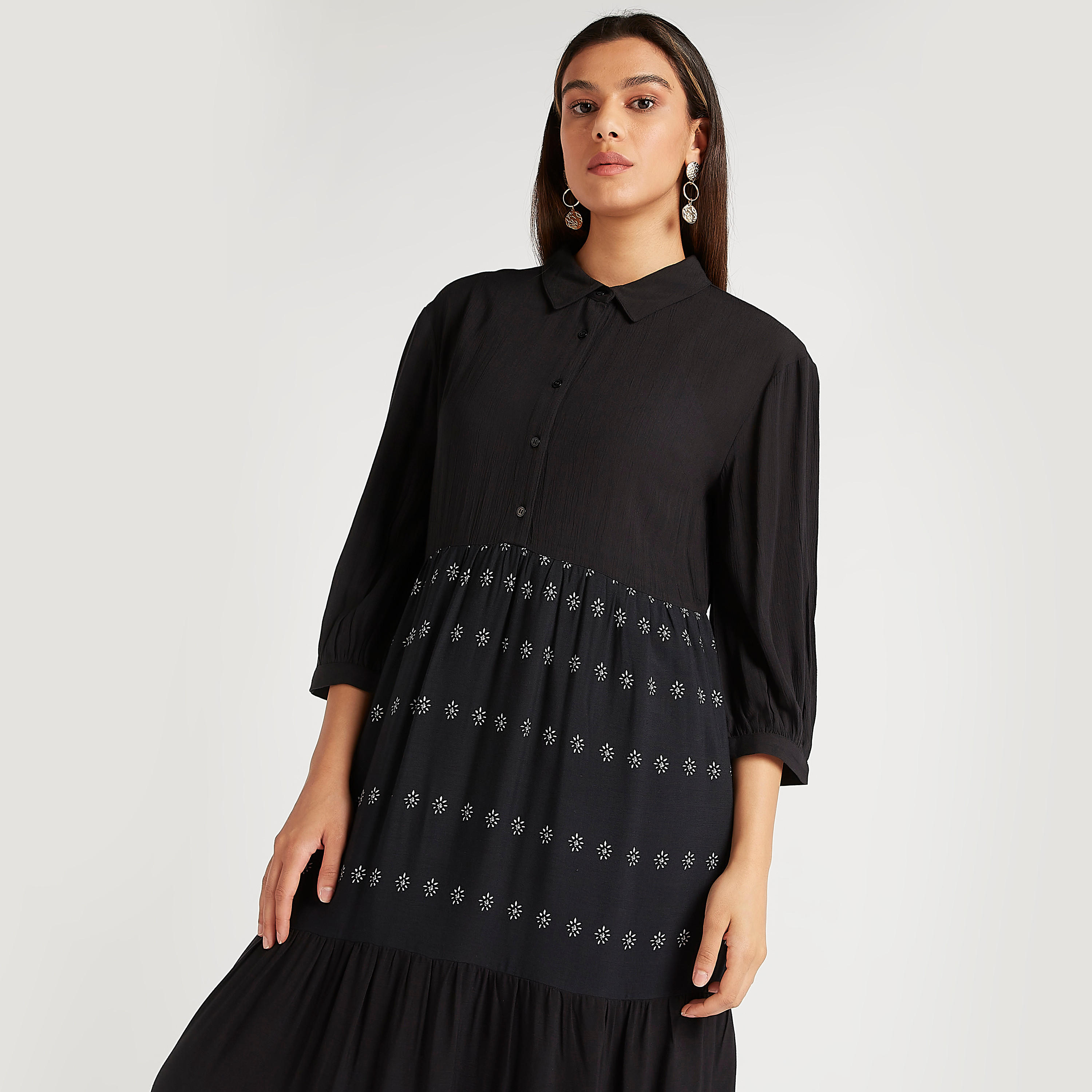 فستان إيه لاين بطبعات أزهار وأكمام 3/4 وياقة عادية-women-clothing-dresses-image-7
