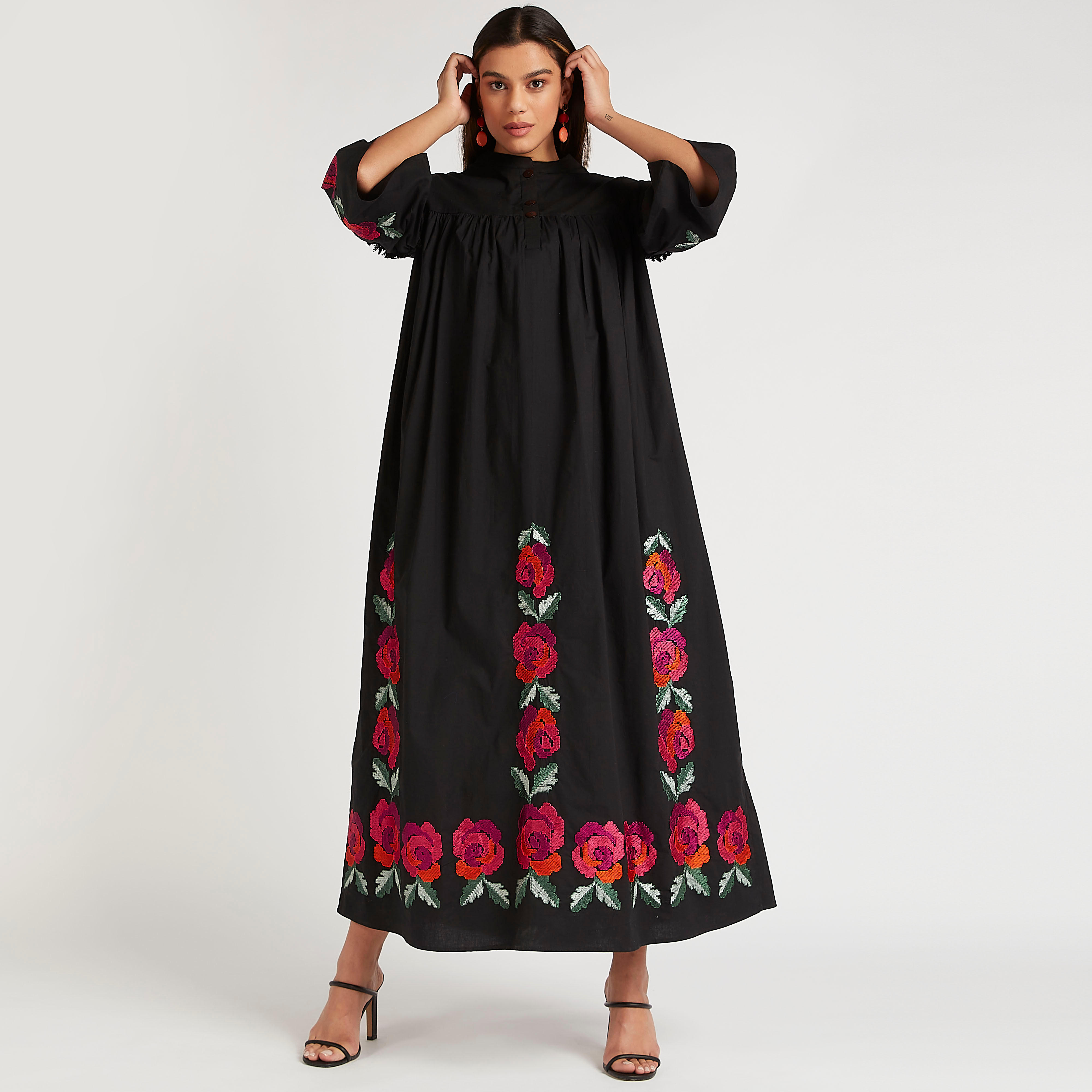 Embroidered Maxi A-line Dress with Mandarin Collar-women-clothing-dresses-image-1