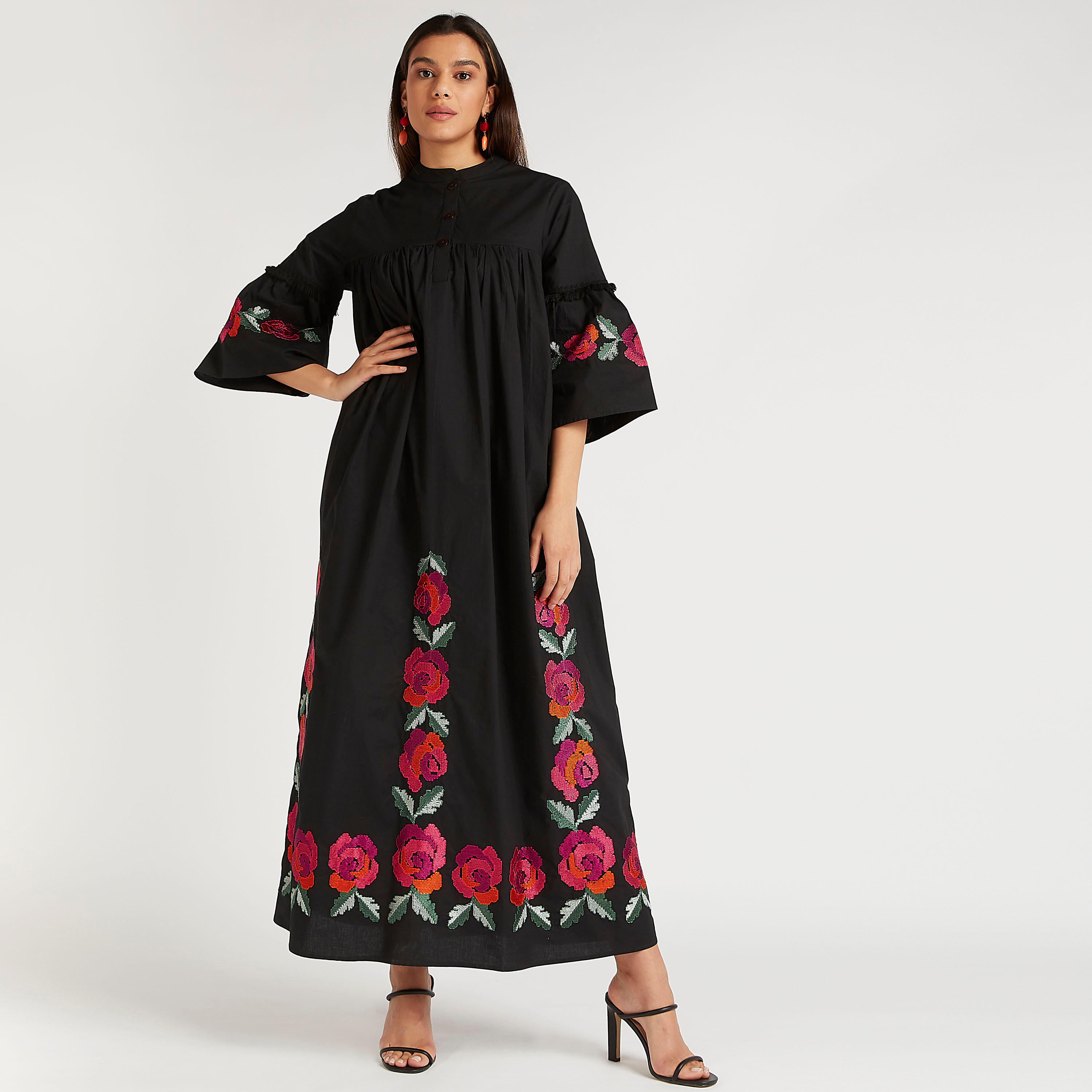 Embroidered Maxi A-line Dress with Mandarin Collar-women-clothing-dresses-image-2