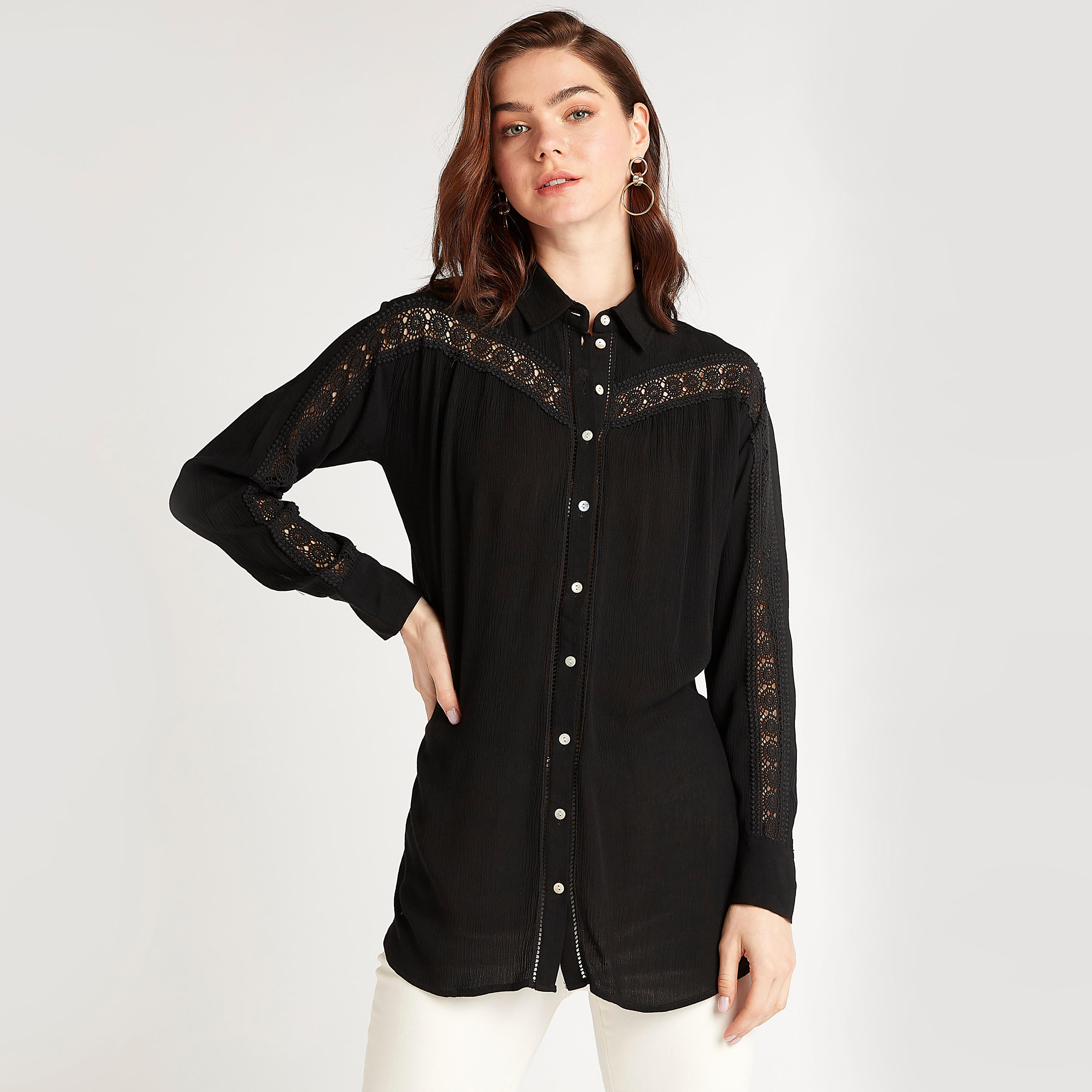 Textured Shirt with Long Sleeves and Lace Inserts-women-clothing-shirtsandblouses-shirts-image-1
