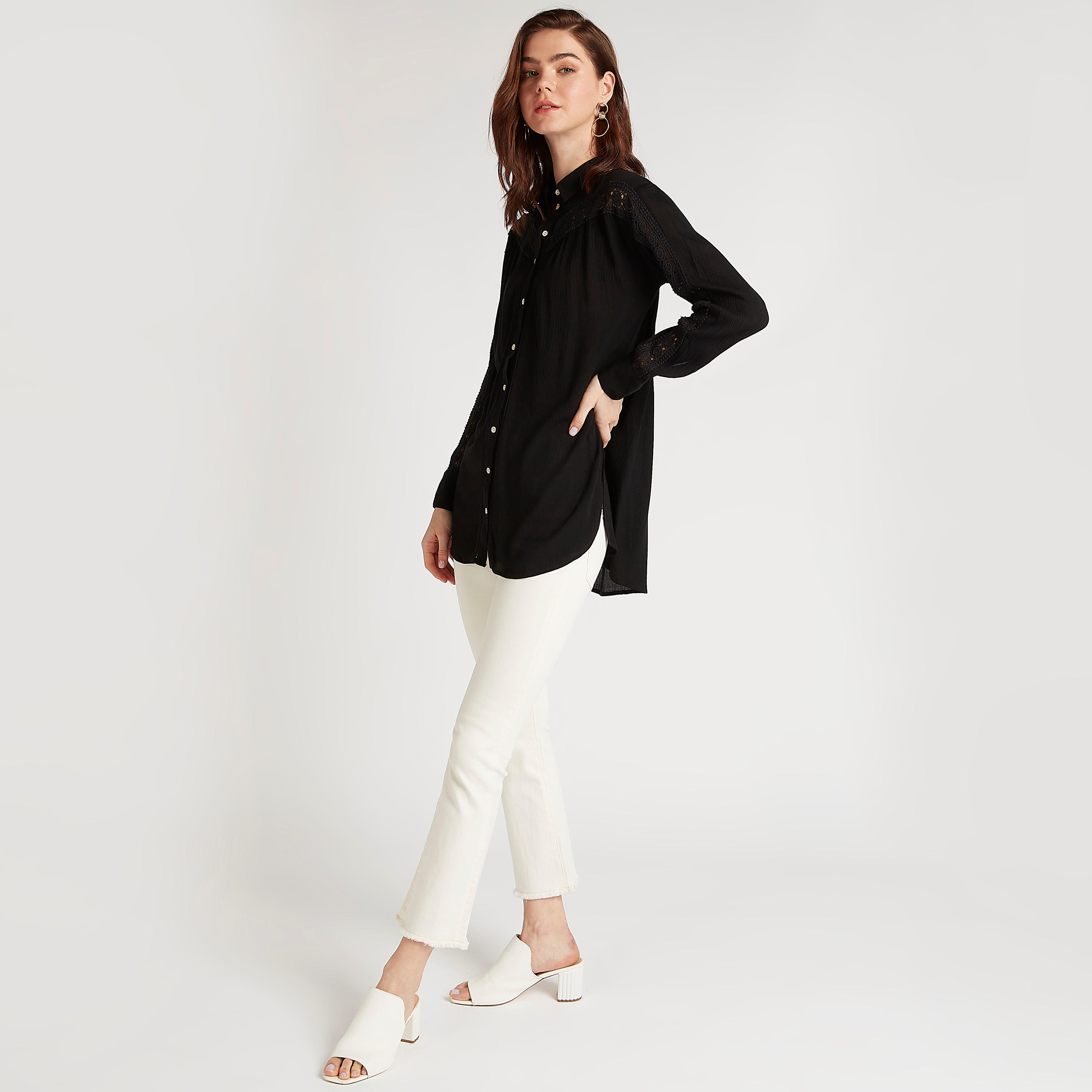 Textured Shirt with Long Sleeves and Lace Inserts-women-clothing-shirtsandblouses-shirts-image-2