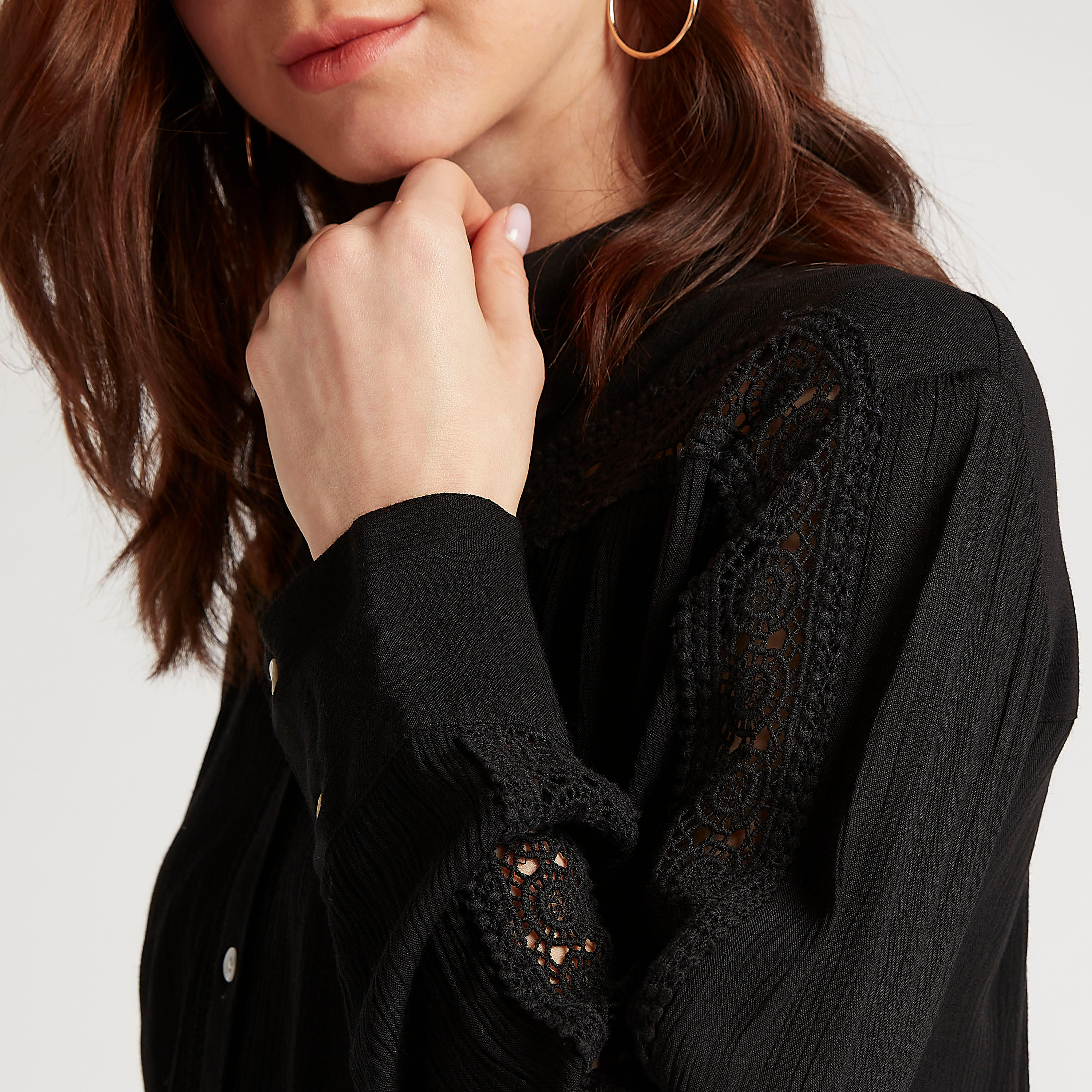 Textured Shirt with Long Sleeves and Lace Inserts-women-clothing-shirtsandblouses-shirts-image-5