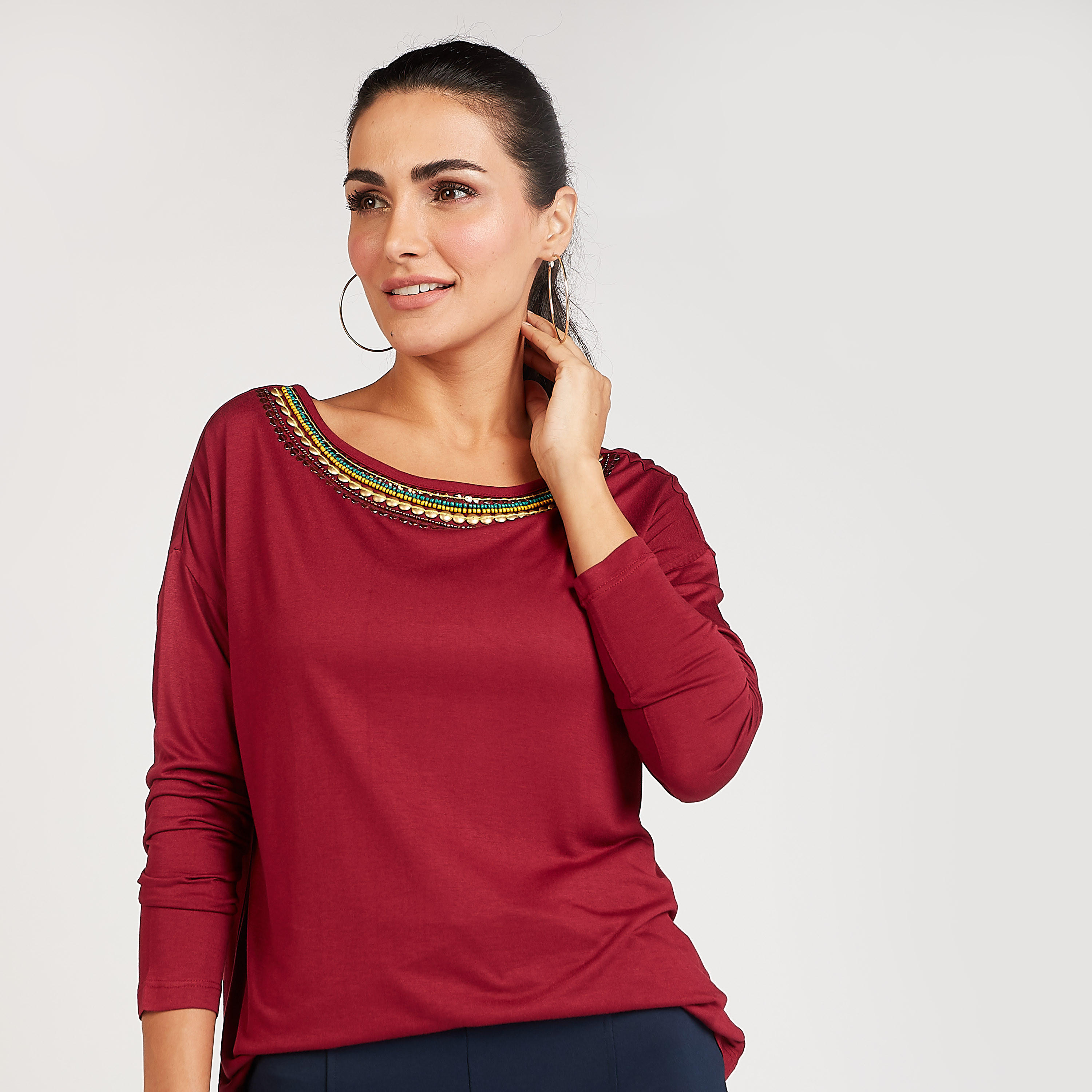 Embellished Detail Top with Round Neck and Long Sleeves-women-clothing-tshirts-image-1