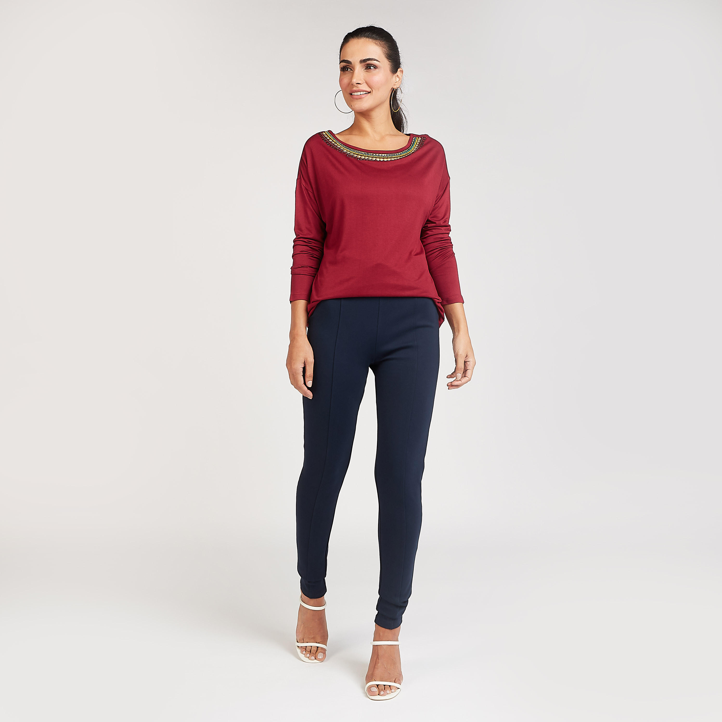 Embellished Detail Top with Round Neck and Long Sleeves-women-clothing-tshirts-image-2