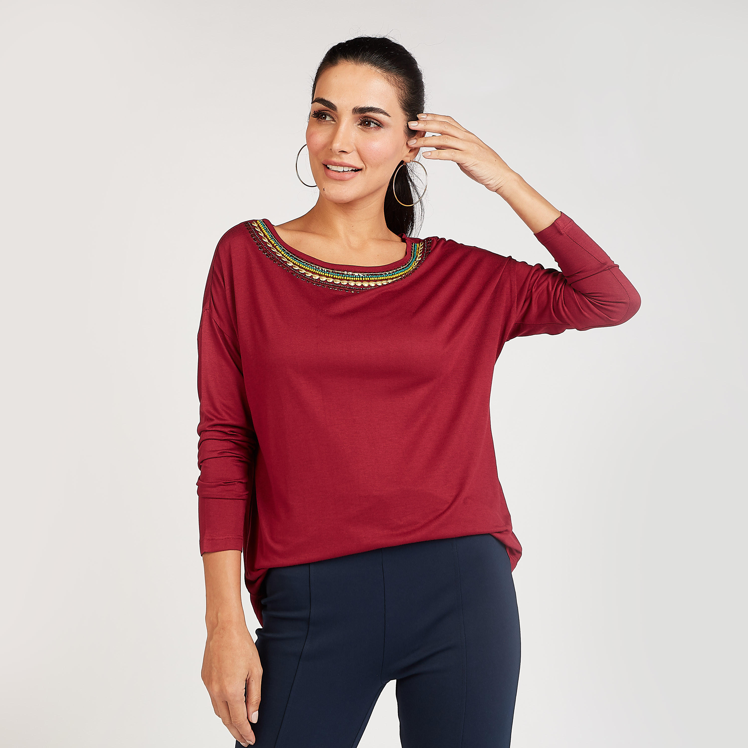 Embellished Detail Top with Round Neck and Long Sleeves-women-clothing-tshirts-image-6