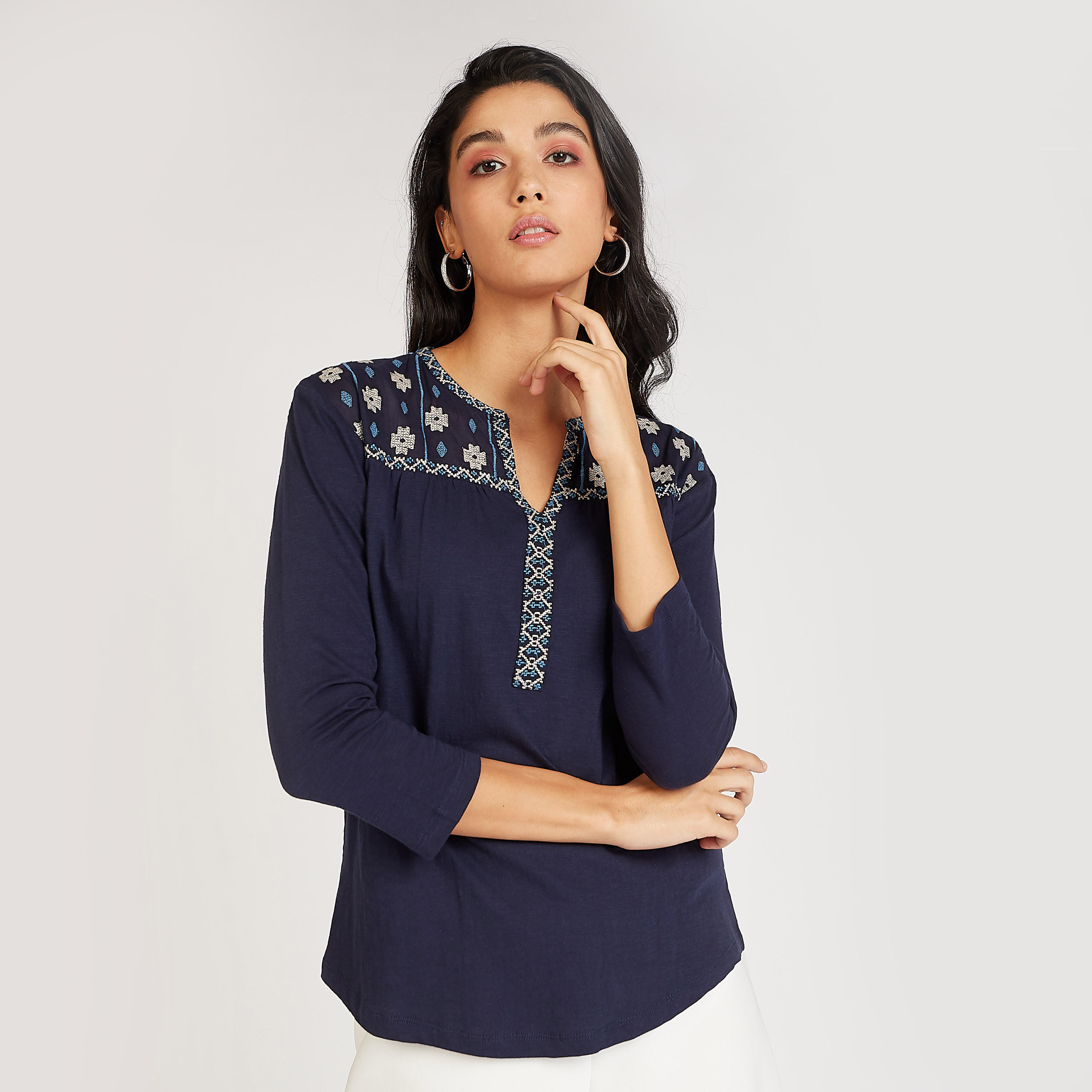 Embroidered Top with V-neck and 3/4 Sleeves-women-clothing-shirtsandblouses-blouses-image-1