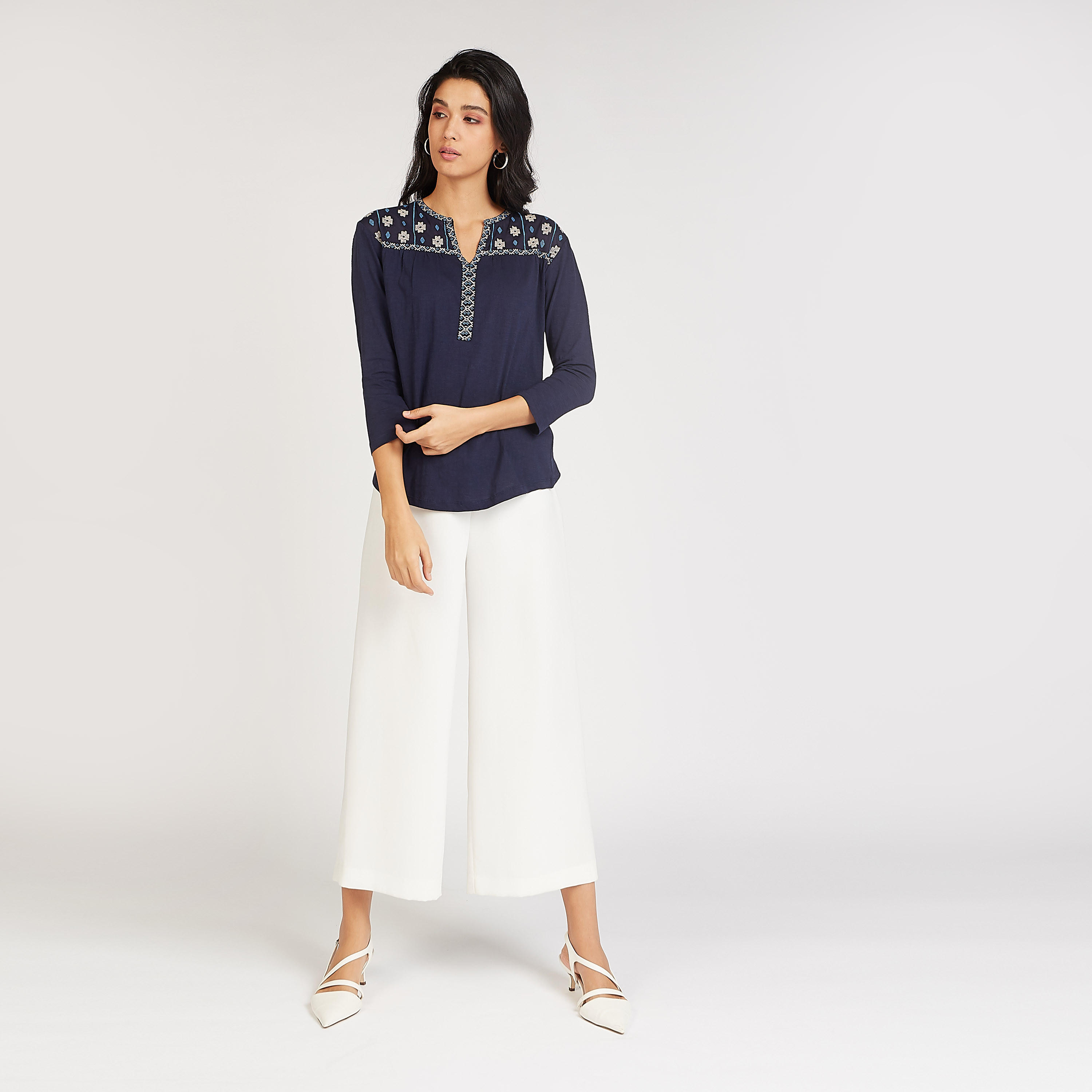 Embroidered Top with V-neck and 3/4 Sleeves-women-clothing-shirtsandblouses-blouses-image-2