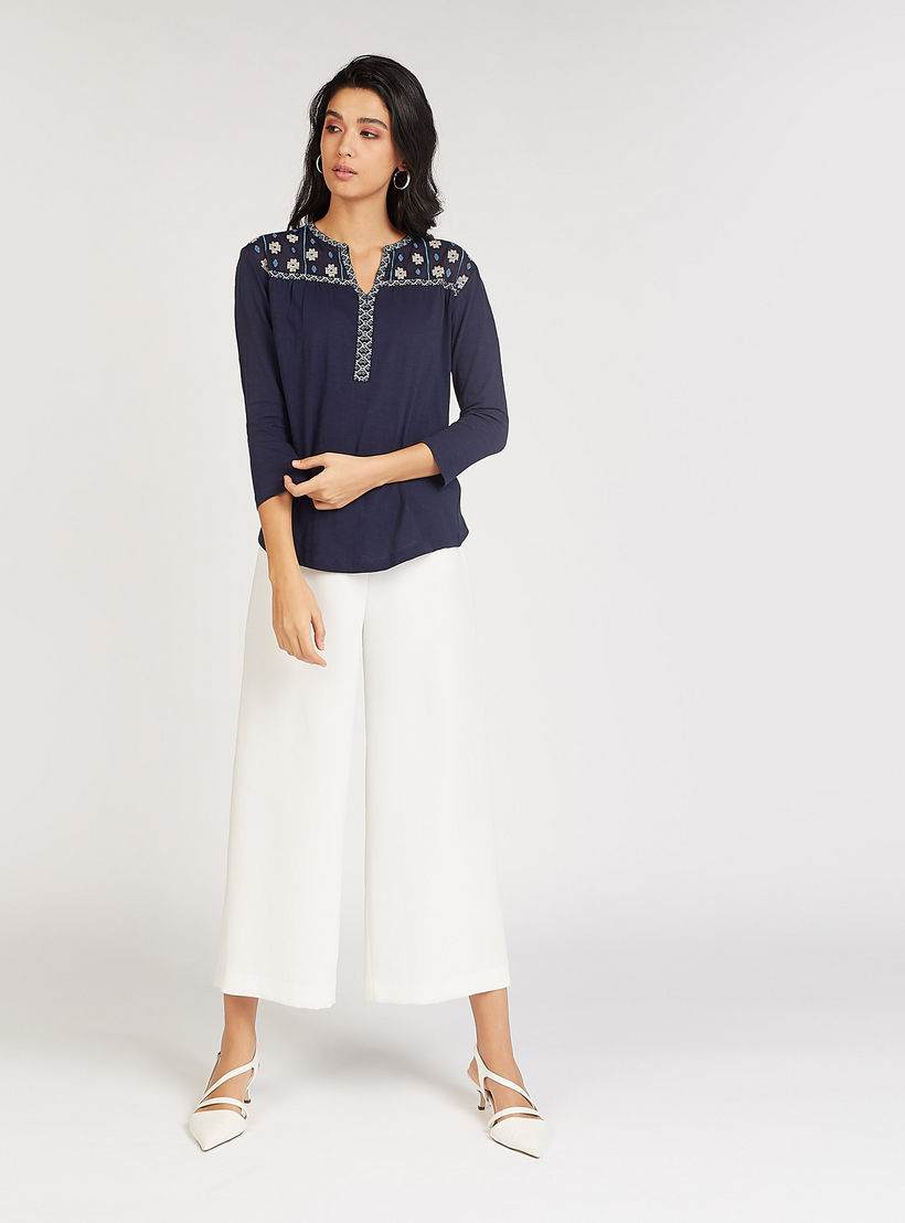 Embroidered Top with V-neck and 3/4 Sleeves-women-clothing-shirtsandblouses-blouses-image-2