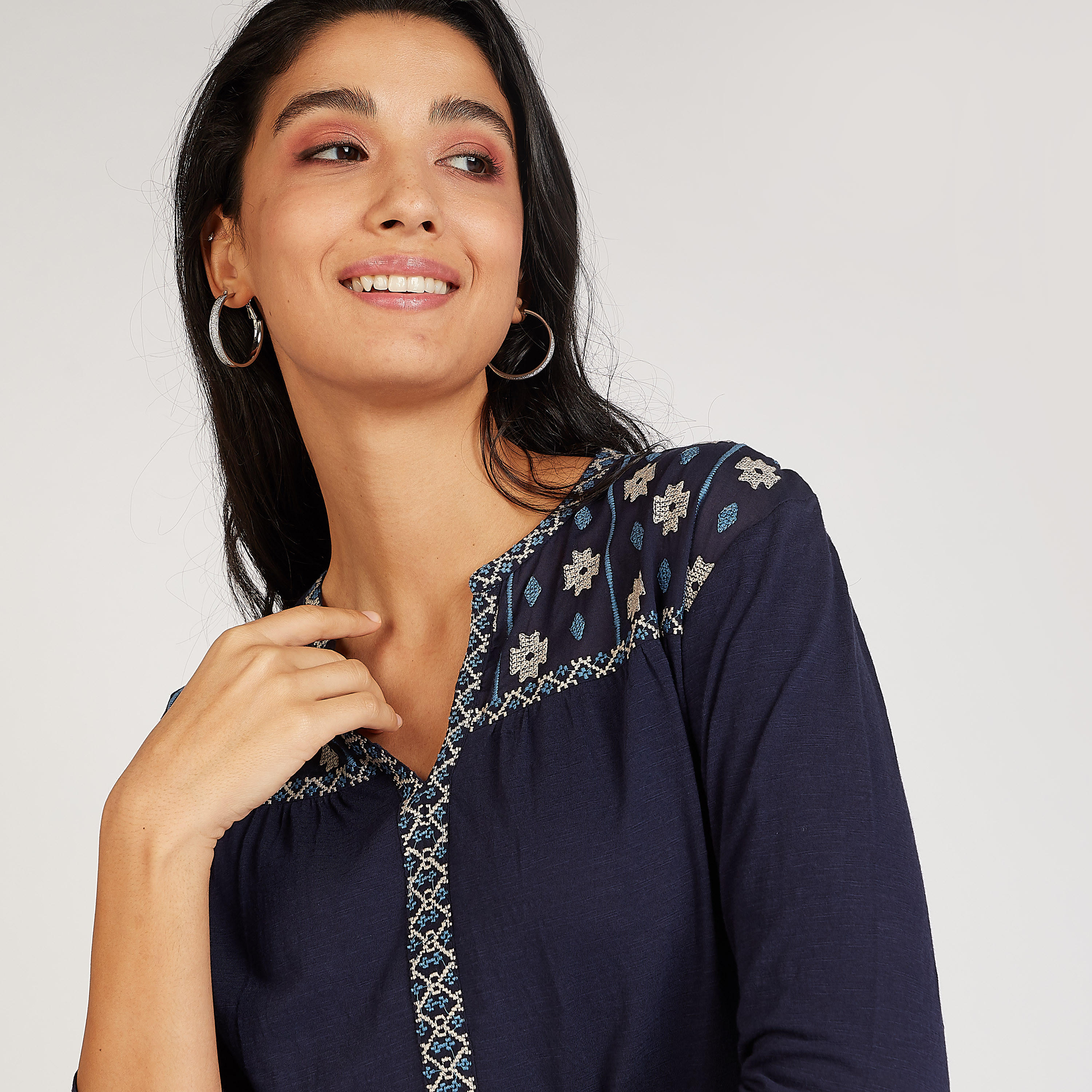 Embroidered Top with V-neck and 3/4 Sleeves-women-clothing-shirtsandblouses-blouses-image-3