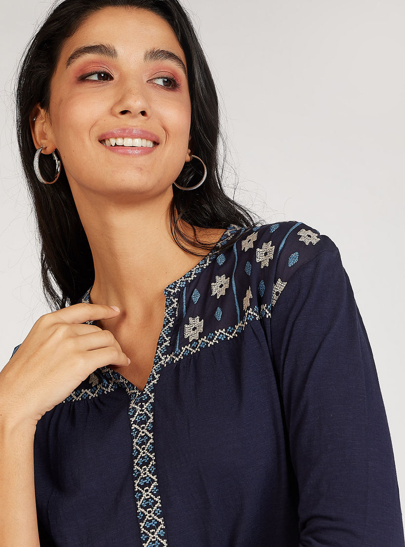 Embroidered Top with V-neck and 3/4 Sleeves-women-clothing-shirtsandblouses-blouses-image-3