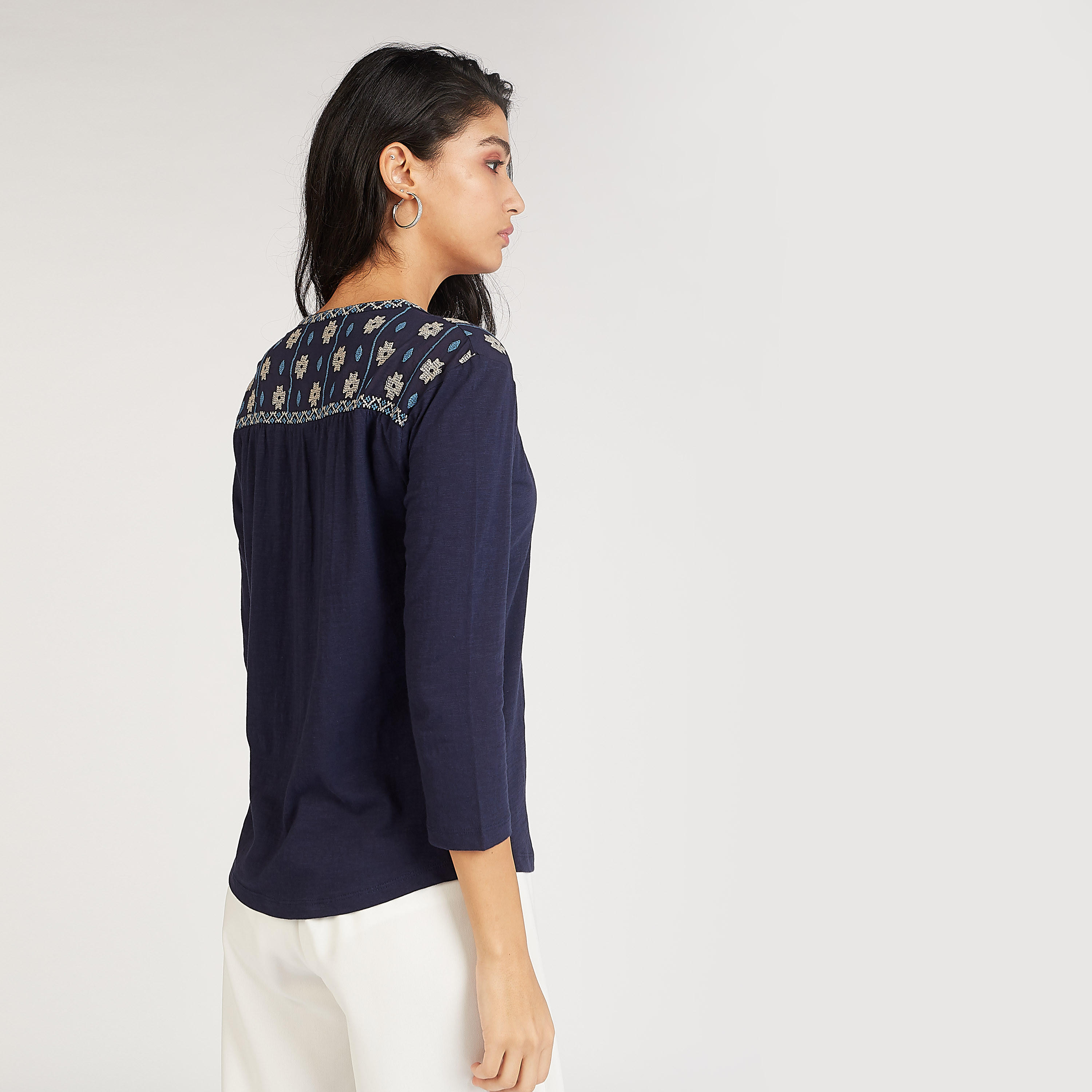 Embroidered Top with V-neck and 3/4 Sleeves-women-clothing-shirtsandblouses-blouses-image-4