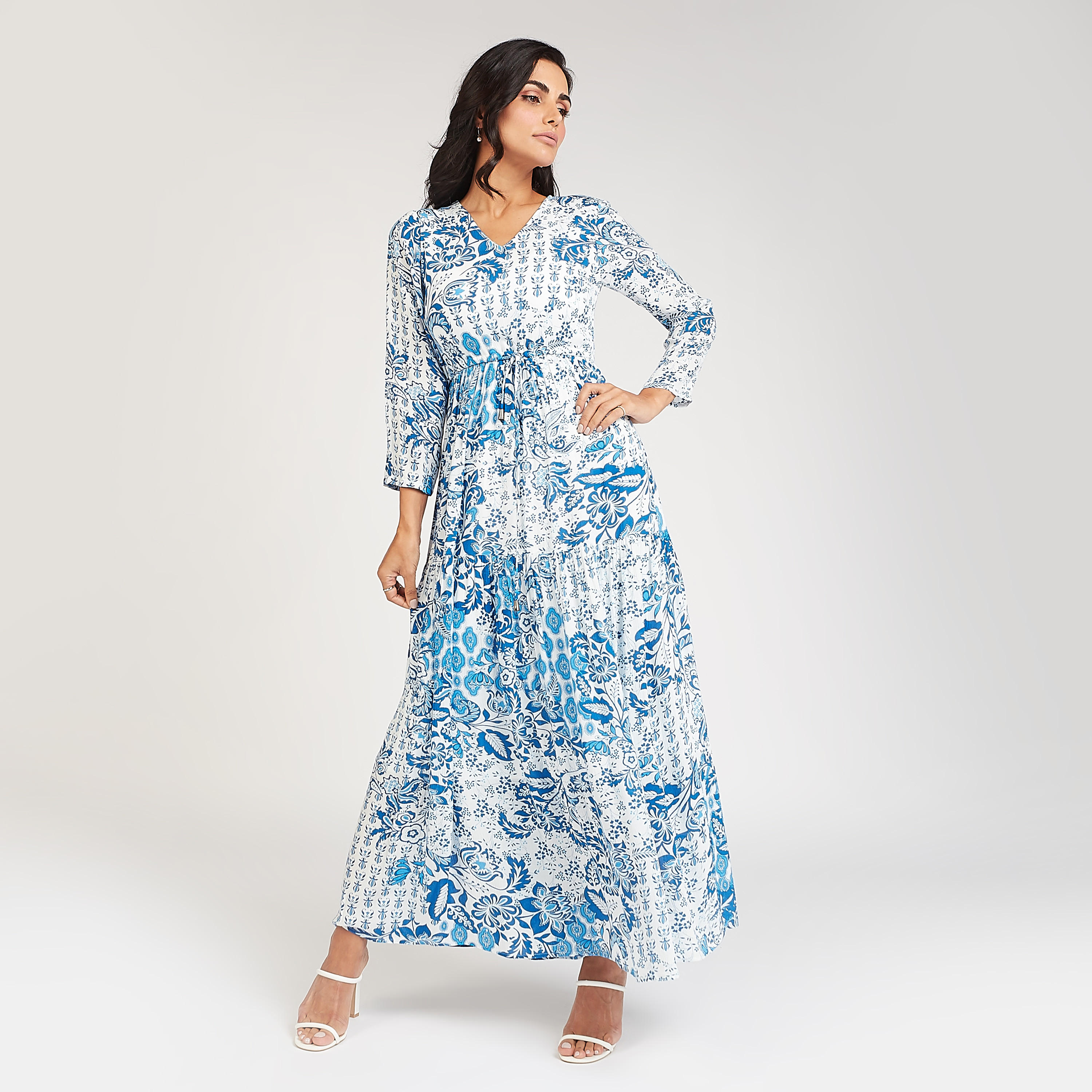 Floral Print Maxi A-line Dress with Long Sleeves and Tie Ups-women-clothing-dresses-image-1