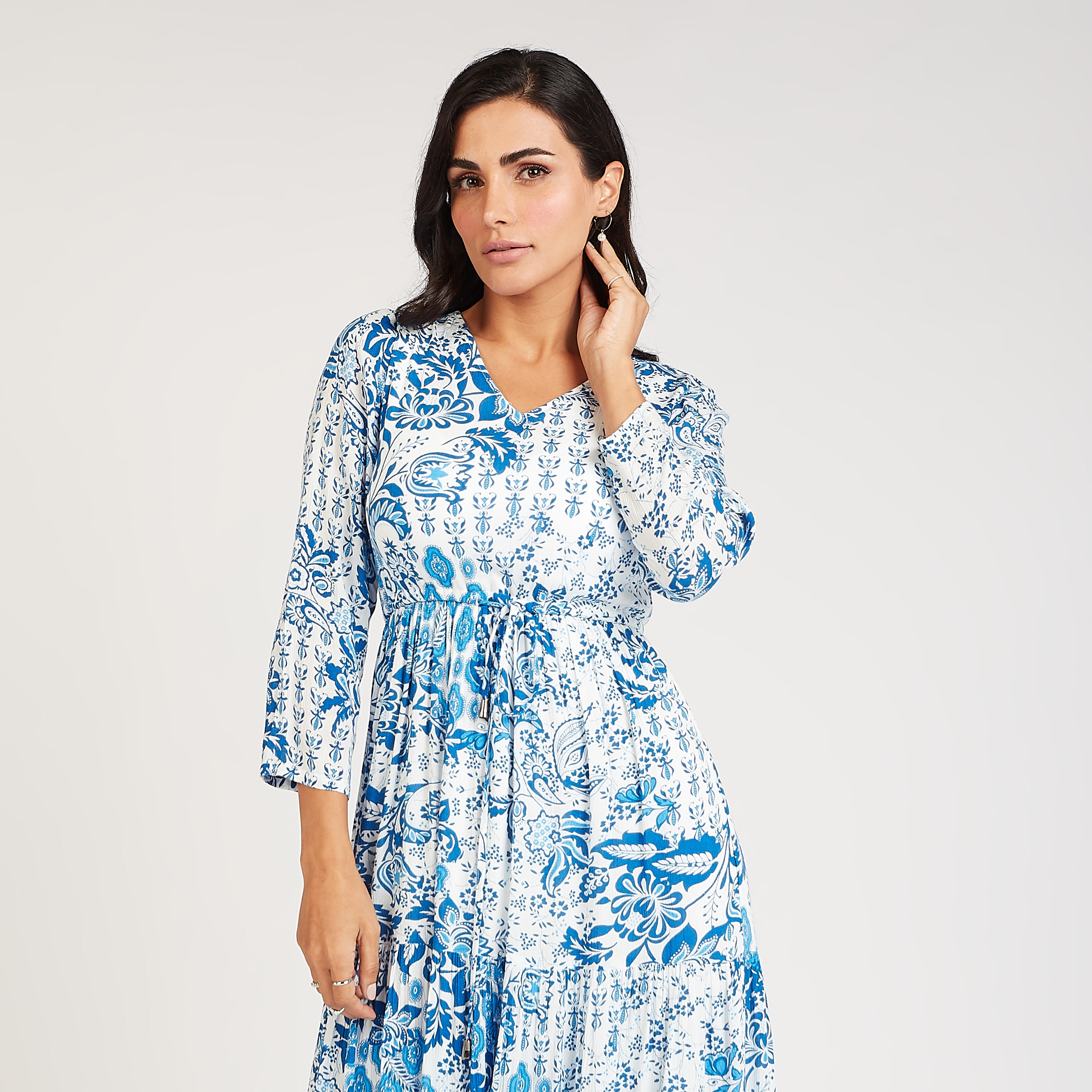 Floral Print Maxi A-line Dress with Long Sleeves and Tie Ups-women-clothing-dresses-image-2