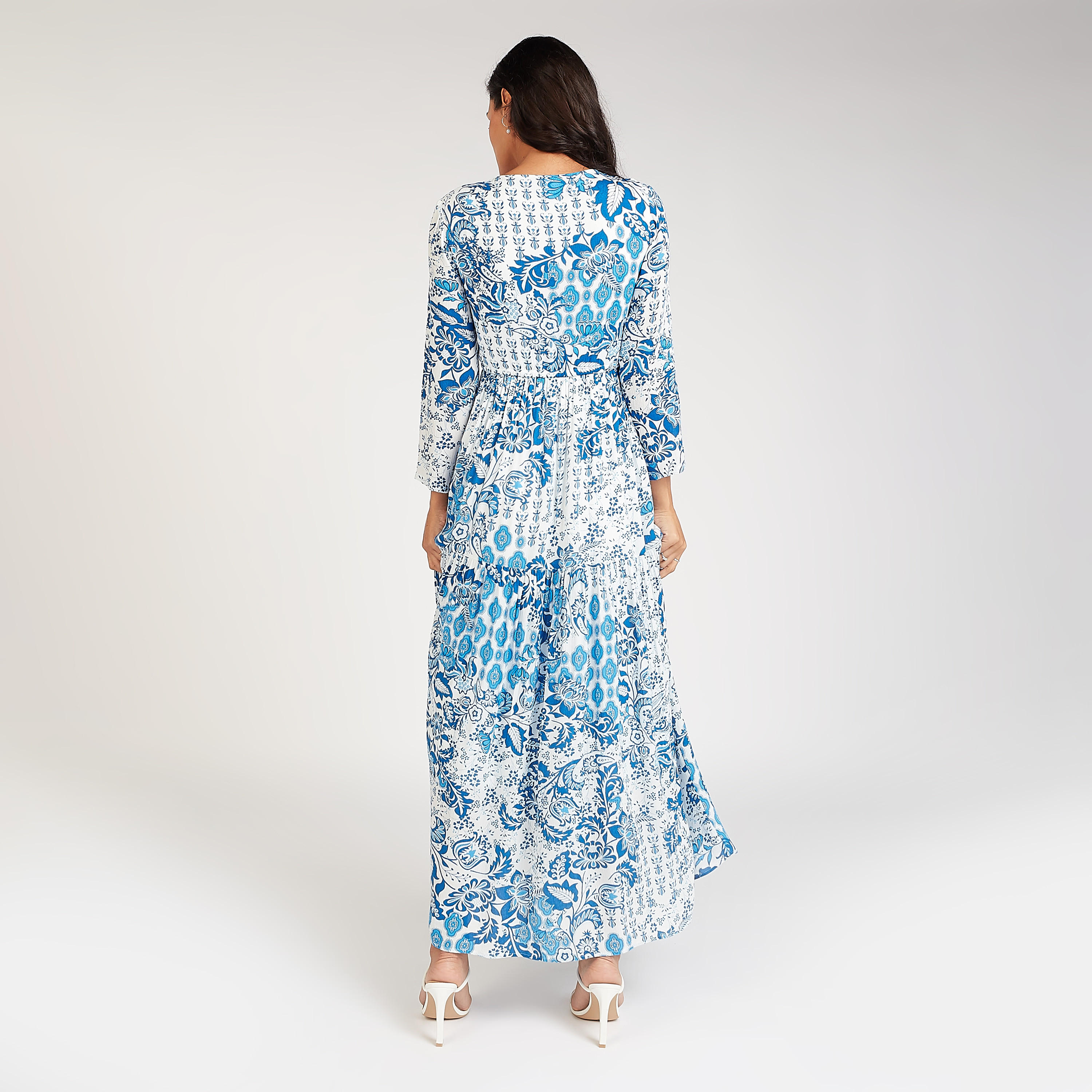 Floral Print Maxi A-line Dress with Long Sleeves and Tie Ups-women-clothing-dresses-image-4