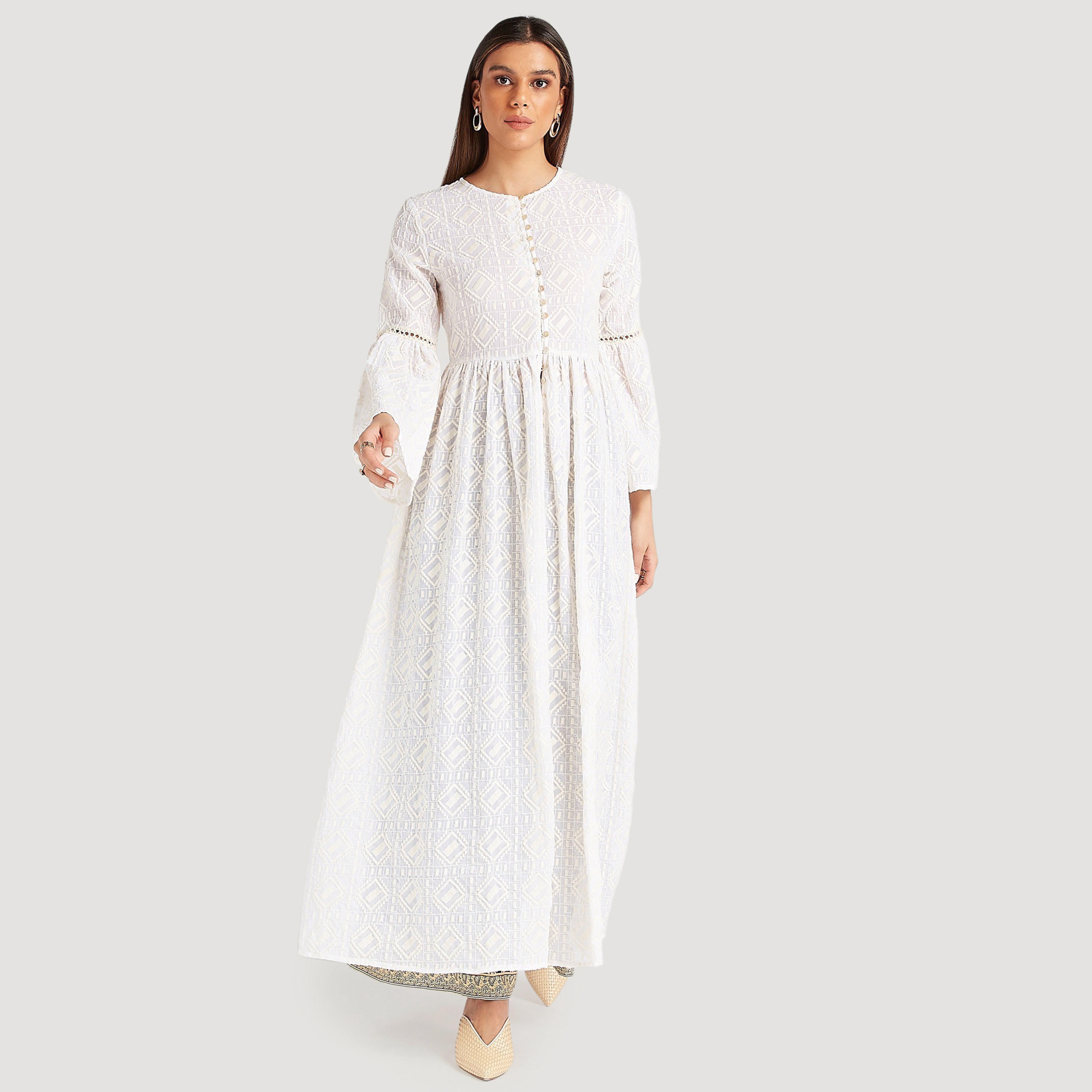 Embroidered Button Up Longline Jacket with Flared Hem Sleeves-women-winterwear-coatsandjackets-jackets-image-1