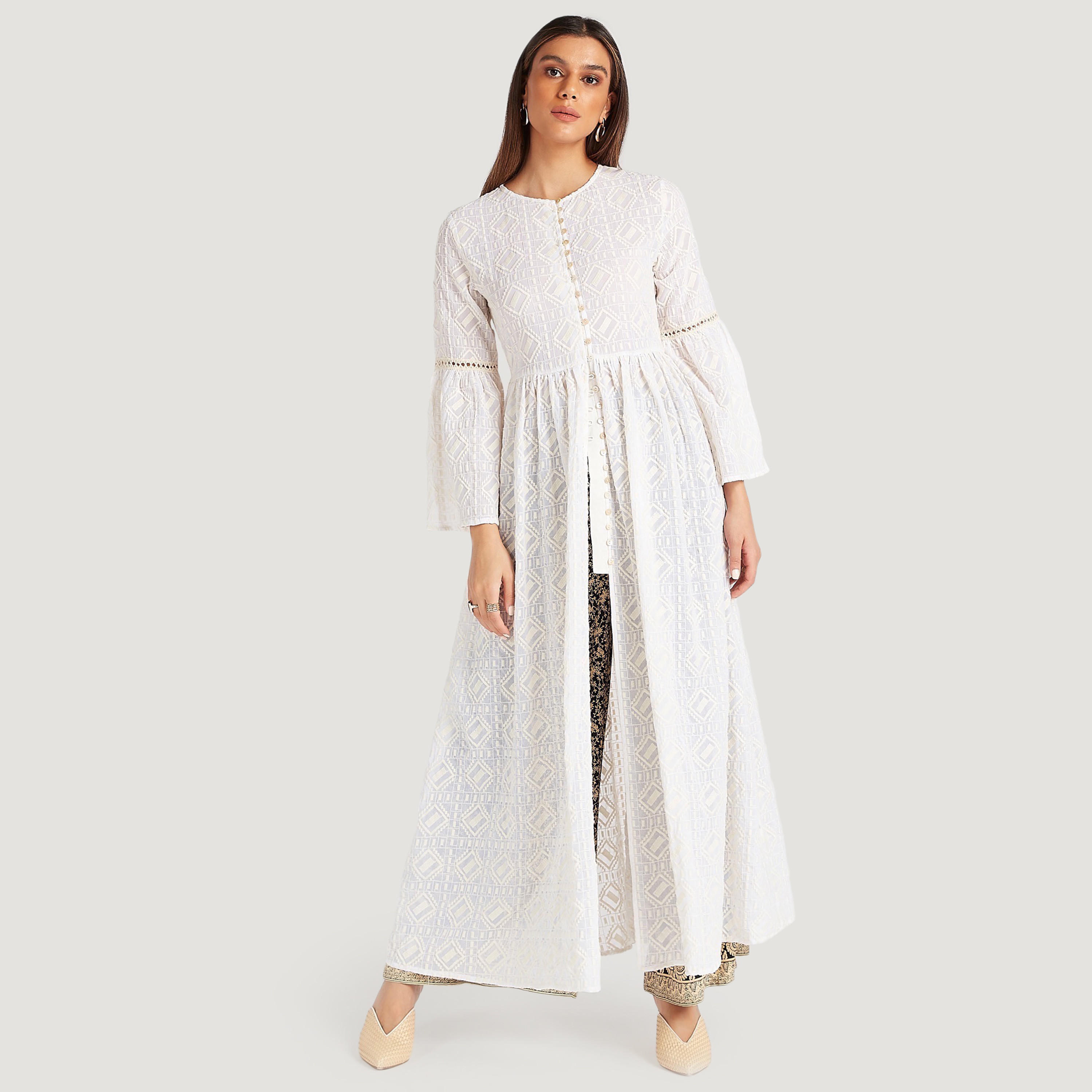 Embroidered Button Up Longline Jacket with Flared Hem Sleeves-women-winterwear-coatsandjackets-jackets-image-2
