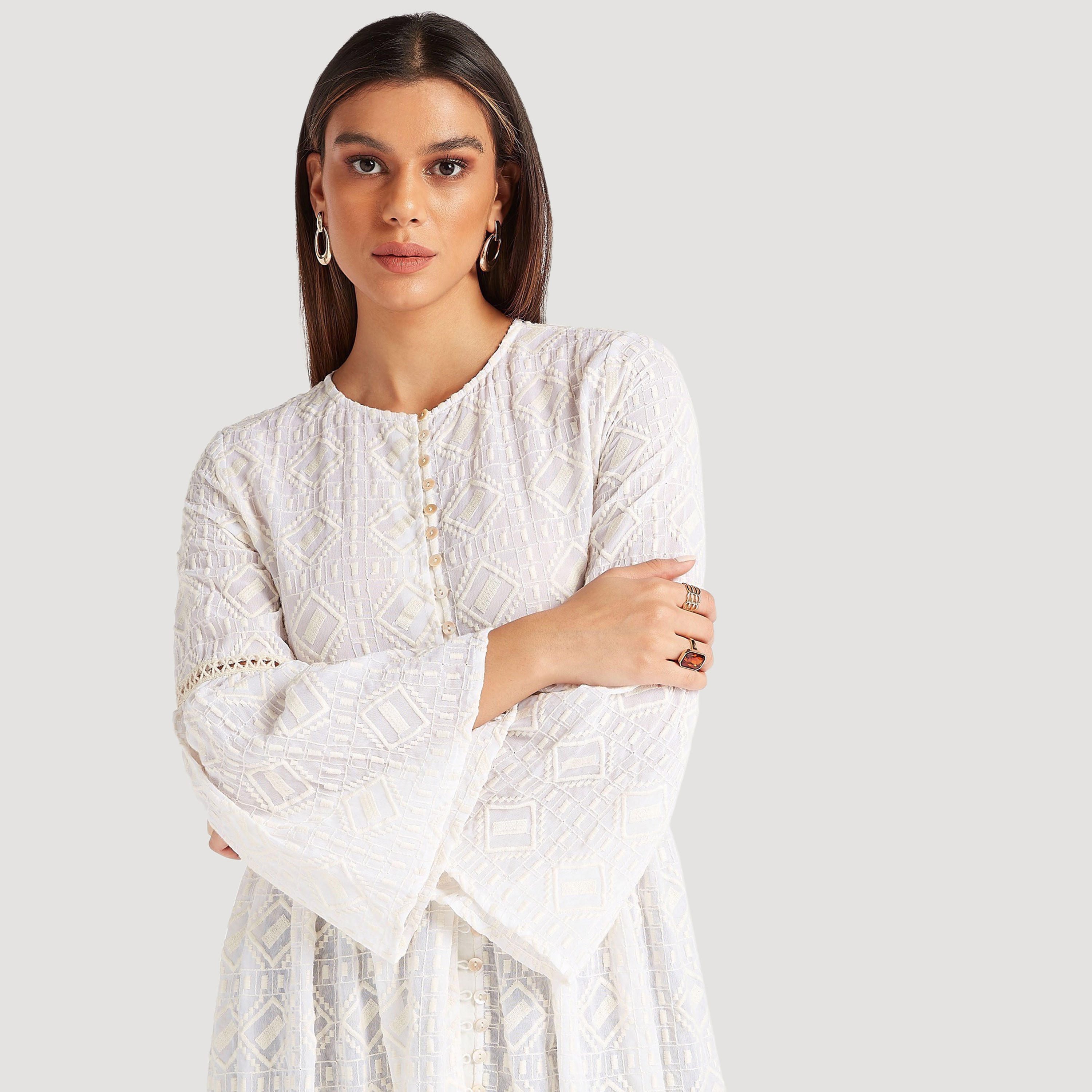 Embroidered Button Up Longline Jacket with Flared Hem Sleeves-women-winterwear-coatsandjackets-jackets-image-3