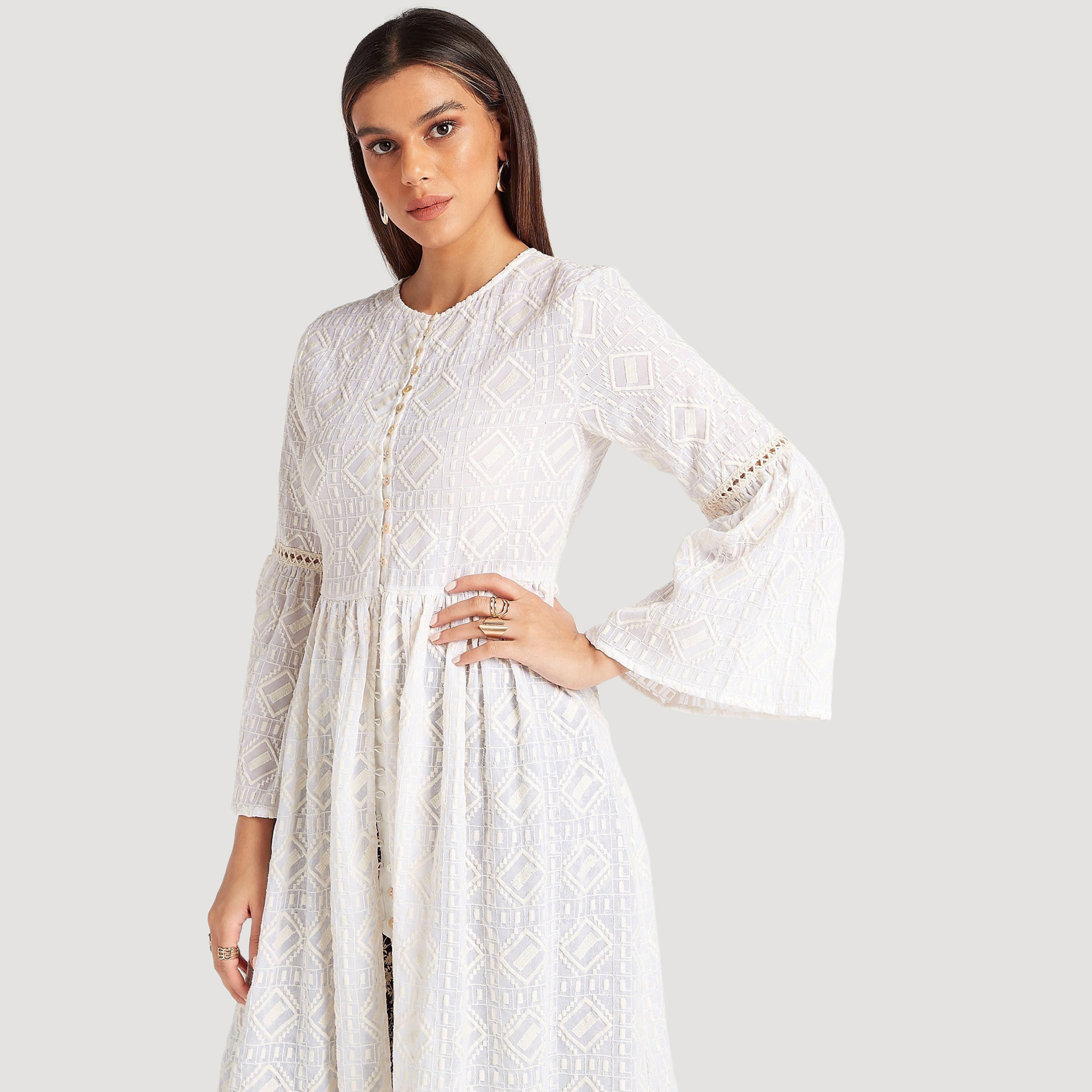 Embroidered Button Up Longline Jacket with Flared Hem Sleeves-women-winterwear-coatsandjackets-jackets-image-5