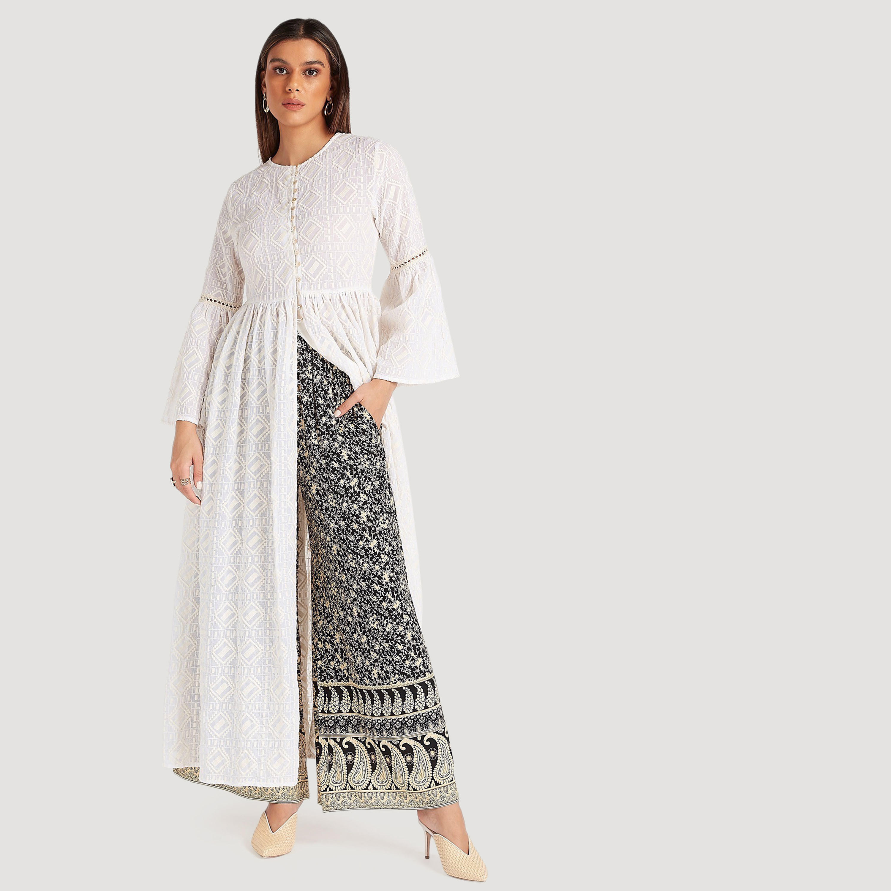 Embroidered Button Up Longline Jacket with Flared Hem Sleeves-women-winterwear-coatsandjackets-jackets-image-6