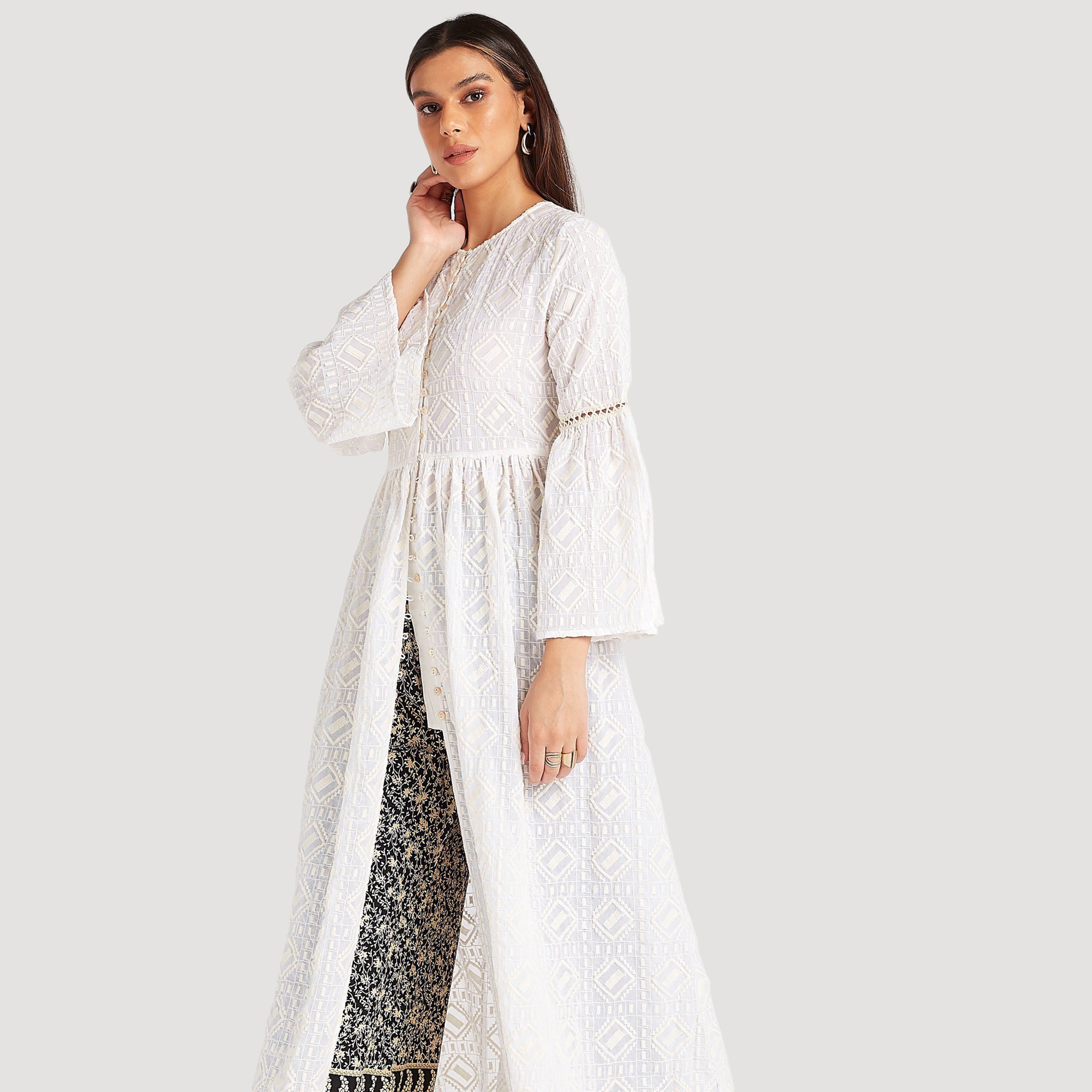 Embroidered Button Up Longline Jacket with Flared Hem Sleeves-women-winterwear-coatsandjackets-jackets-image-8