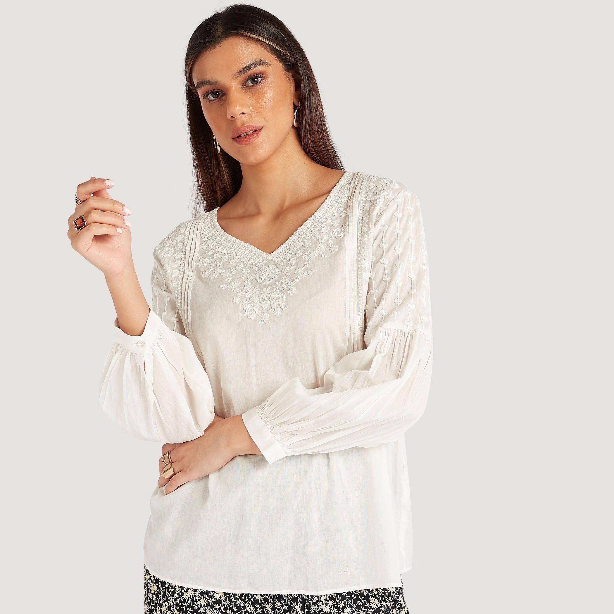 Embroidered V-neck Top with Long Sleeves-women-clothing-shirtsandblouses-blouses-image-1