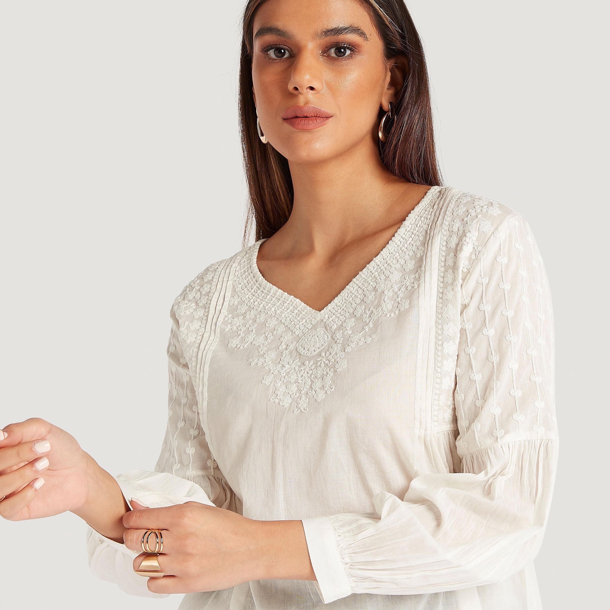 Embroidered V-neck Top with Long Sleeves-women-clothing-shirtsandblouses-blouses-image-3