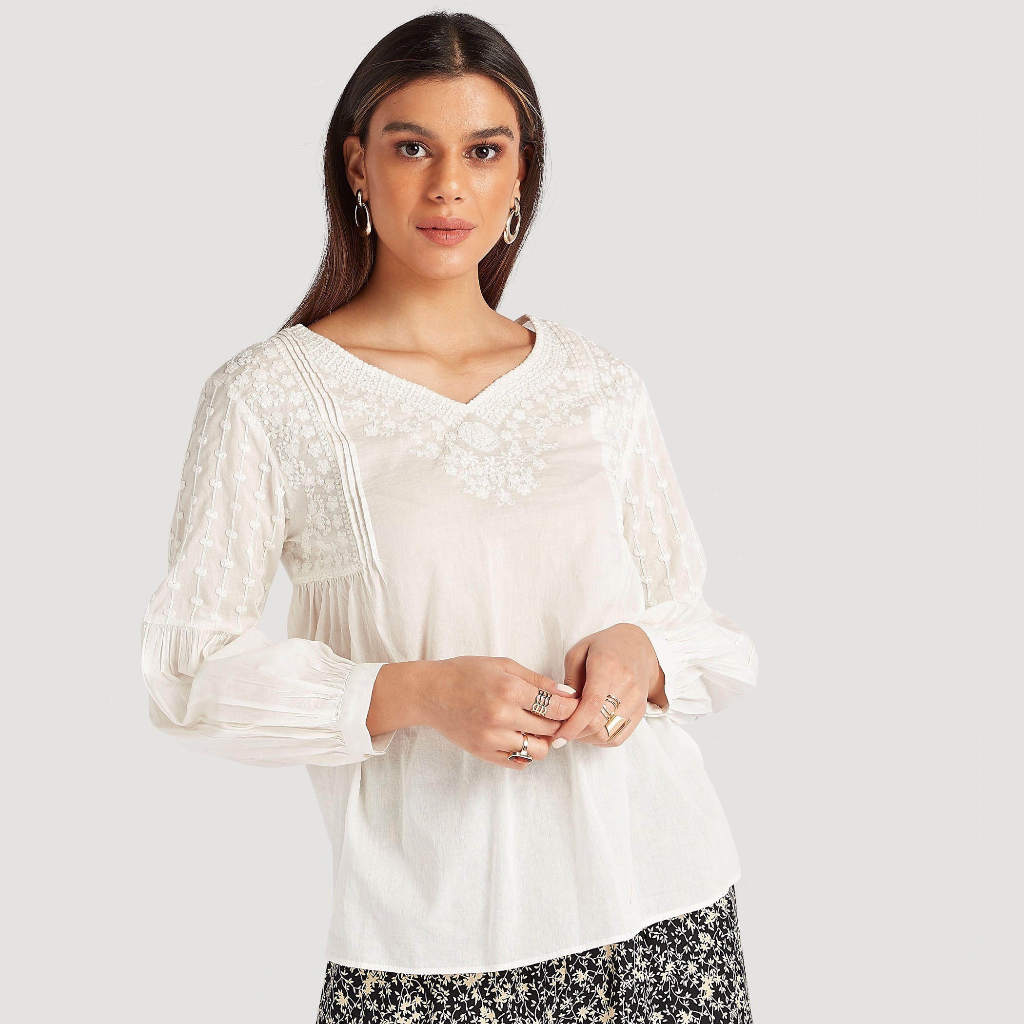 Embroidered V-neck Top with Long Sleeves-women-clothing-shirtsandblouses-blouses-image-5