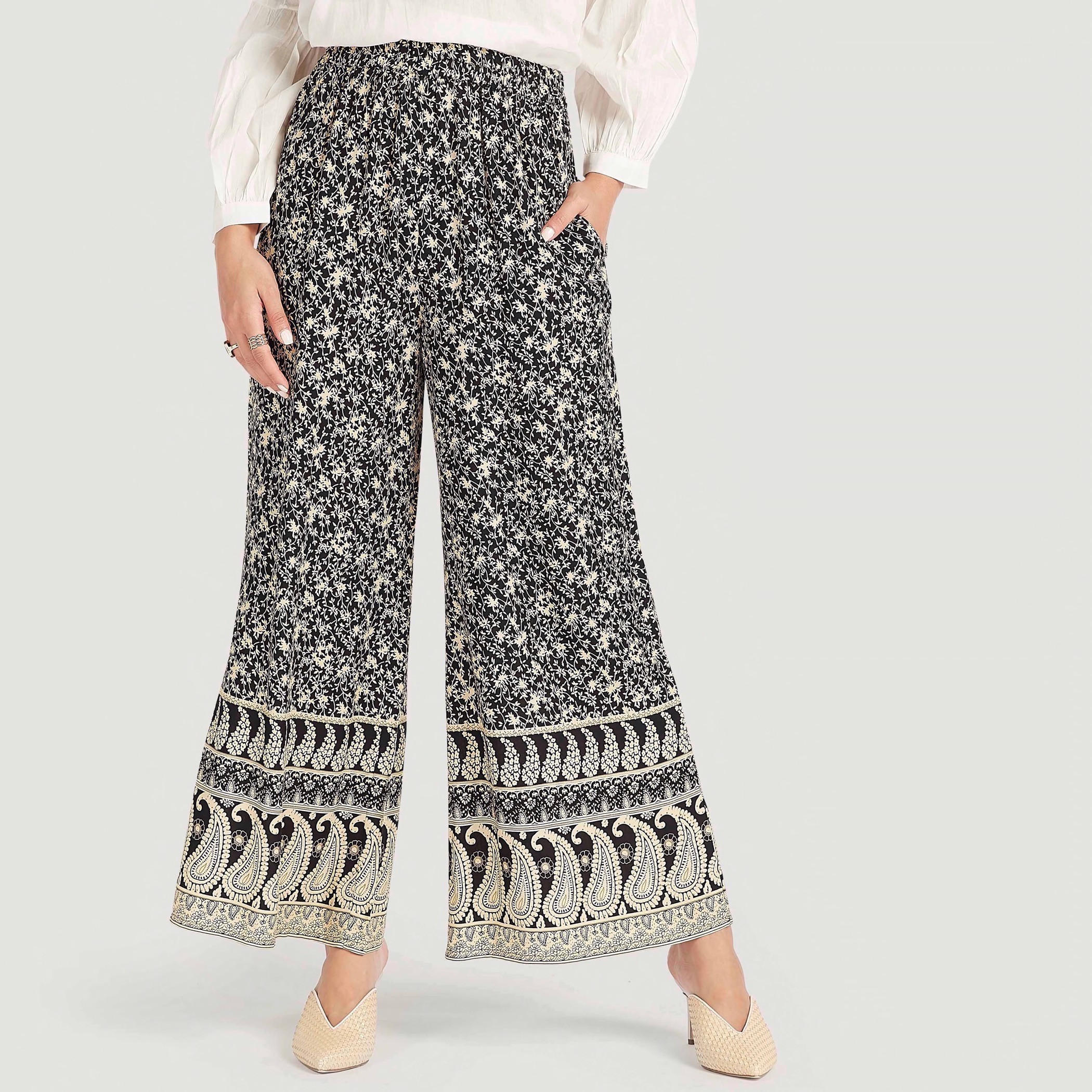 بنطلون بالازو بخصر مطّاطي متوسّط الارتفاع وطبعات أزهار-women-clothing-bottoms-trousers-image-1